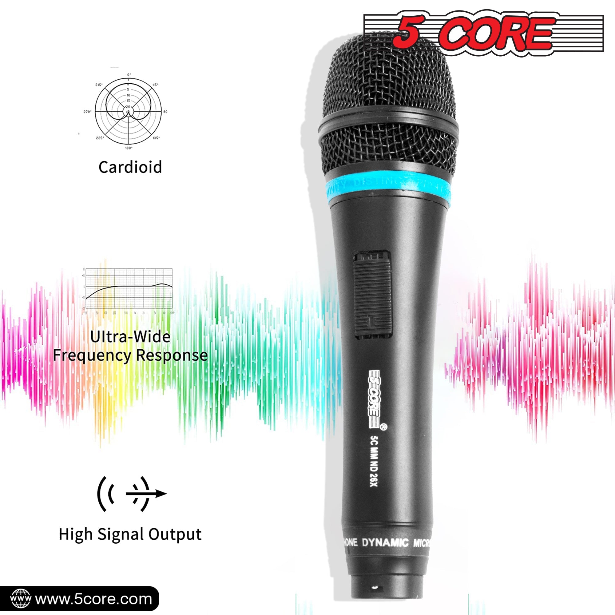 5Core dynamic karaoke microphone with XLR connection, designed for singing and live performances, featuring a rugged construction and cardioid pickup pattern.