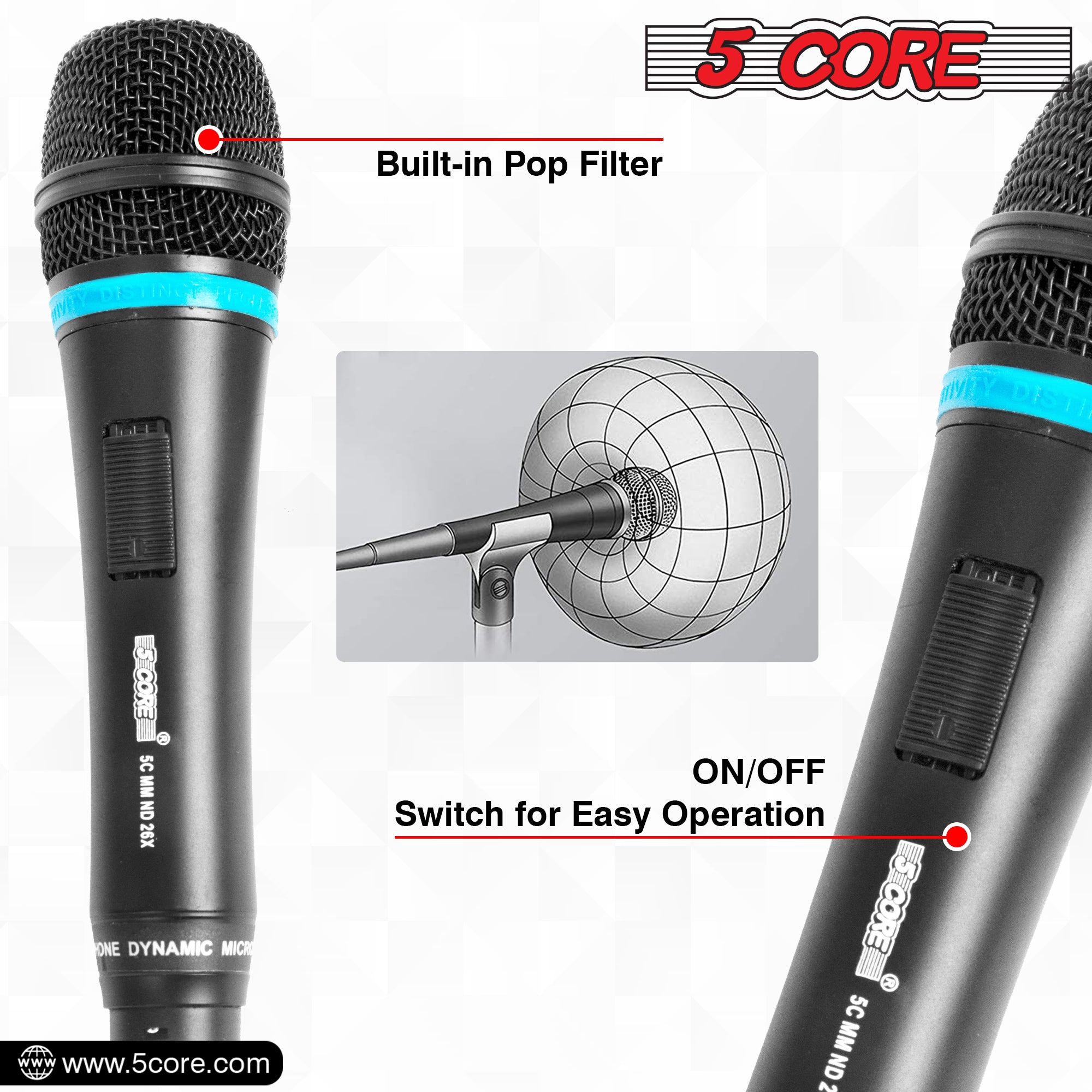 5Core dynamic karaoke microphone with XLR connection, designed for singing and live performances, featuring a rugged construction and cardioid pickup pattern.