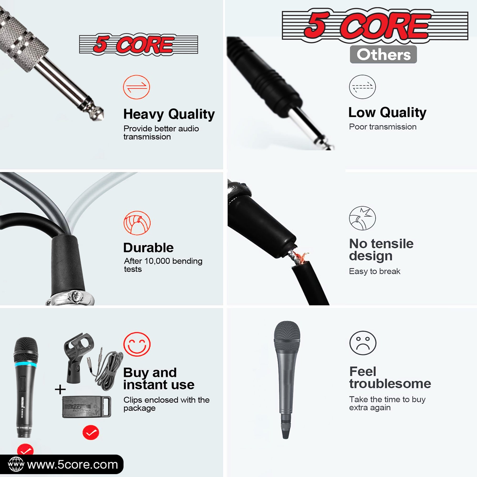 5Core dynamic karaoke microphone with XLR connection, designed for singing and live performances, featuring a rugged construction and cardioid pickup pattern.