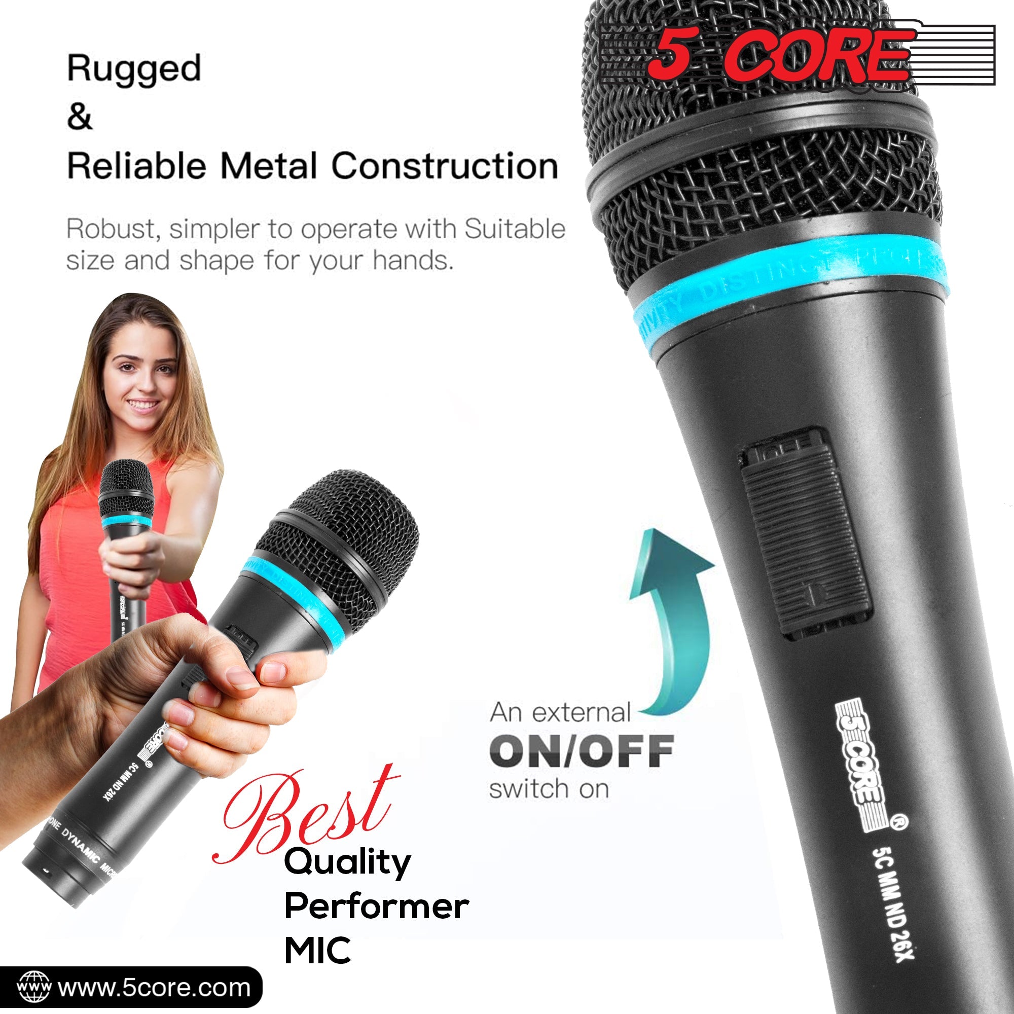 5Core dynamic karaoke microphone with XLR connection, designed for singing and live performances, featuring a rugged construction and cardioid pickup pattern.