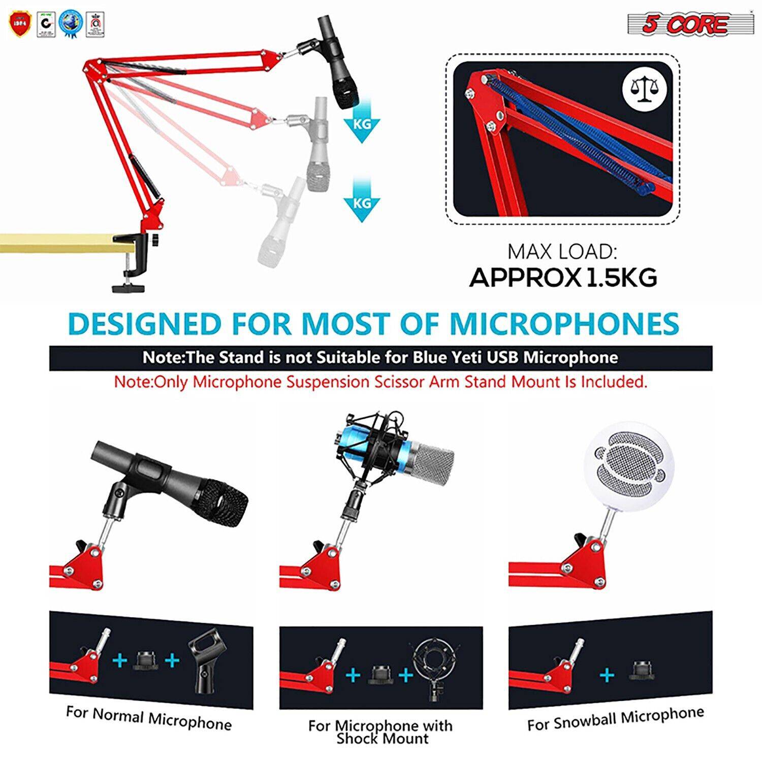 5Core Microphone Mic Suspension Boom Scissor Arm Desk Stand Mount in blue, showcasing its adjustable arm and sturdy construction.