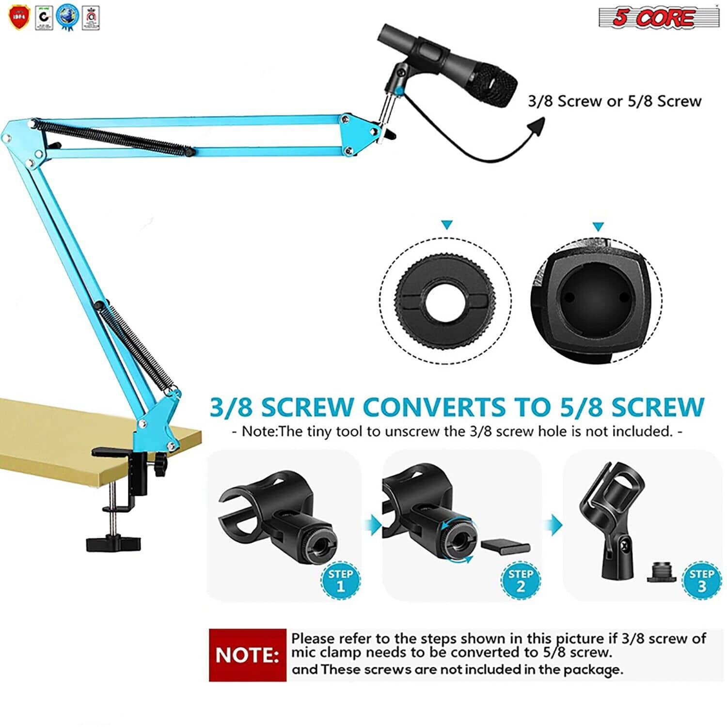 5Core Microphone Mic Suspension Boom Scissor Arm Desk Stand Mount in blue, showcasing its adjustable arm and sturdy construction.