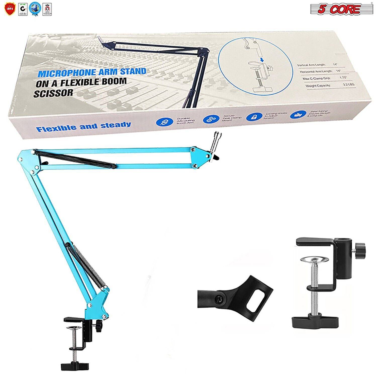 5Core Microphone Mic Suspension Boom Scissor Arm Desk Stand Mount in blue, showcasing its adjustable arm and sturdy construction.