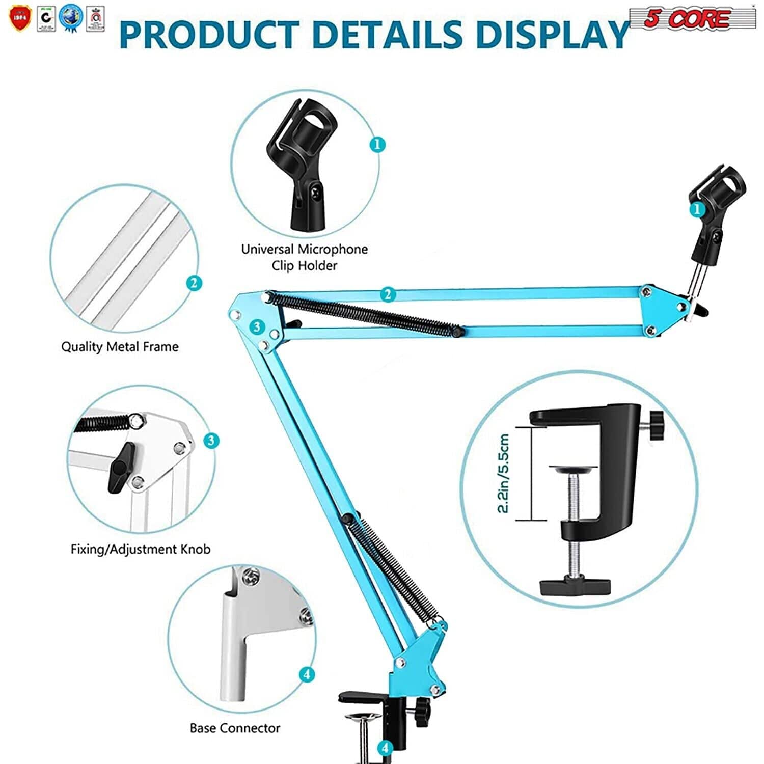 5Core Microphone Mic Suspension Boom Scissor Arm Desk Stand Mount in blue, showcasing its adjustable arm and sturdy construction.