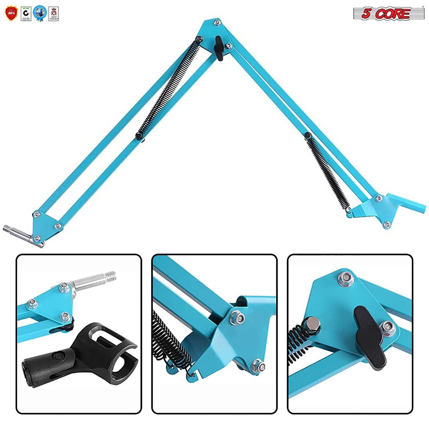 5Core Microphone Mic Suspension Boom Scissor Arm Desk Stand Mount in blue, showcasing its adjustable arm and sturdy construction.