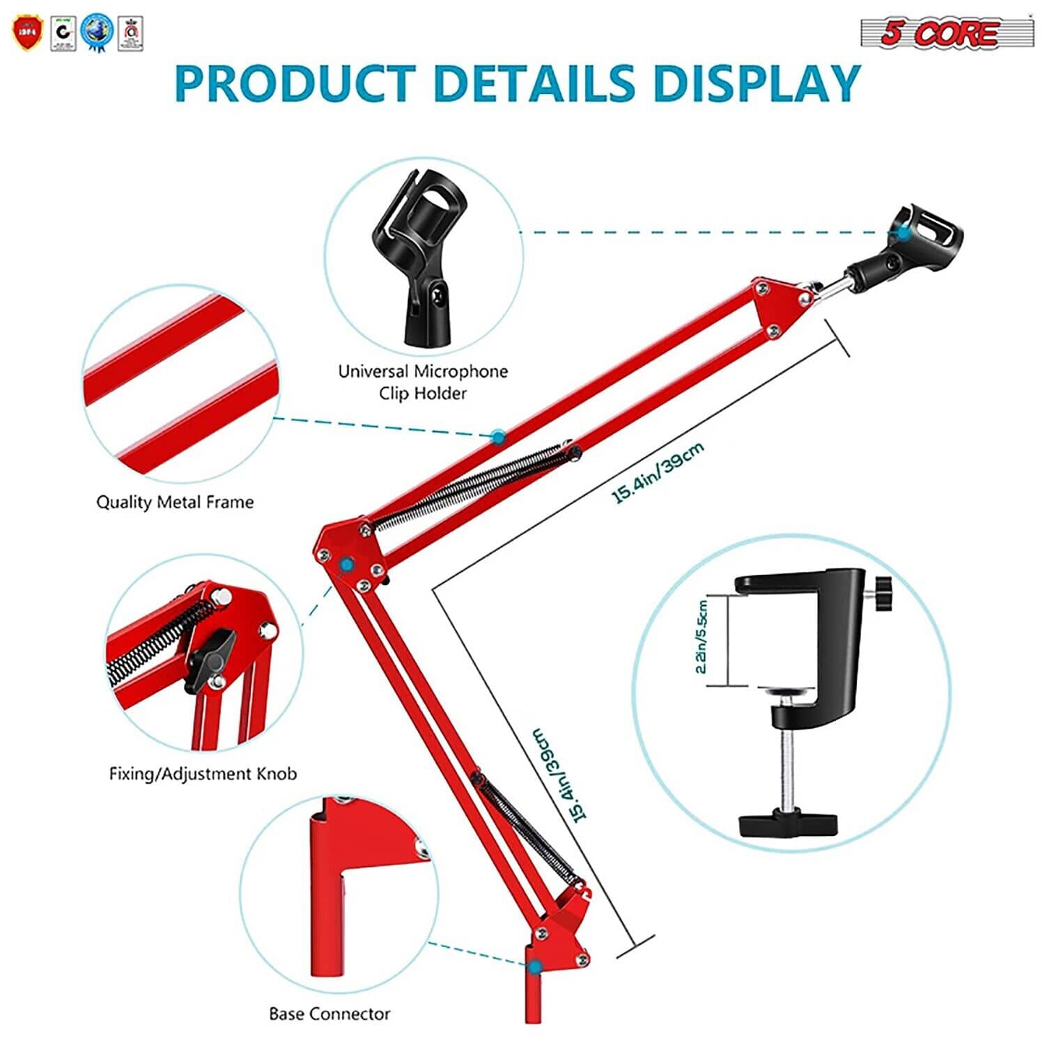 5Core Microphone Mic Suspension Boom Scissor Arm Desk Stand Mount in blue, showcasing its adjustable arm and sturdy construction.