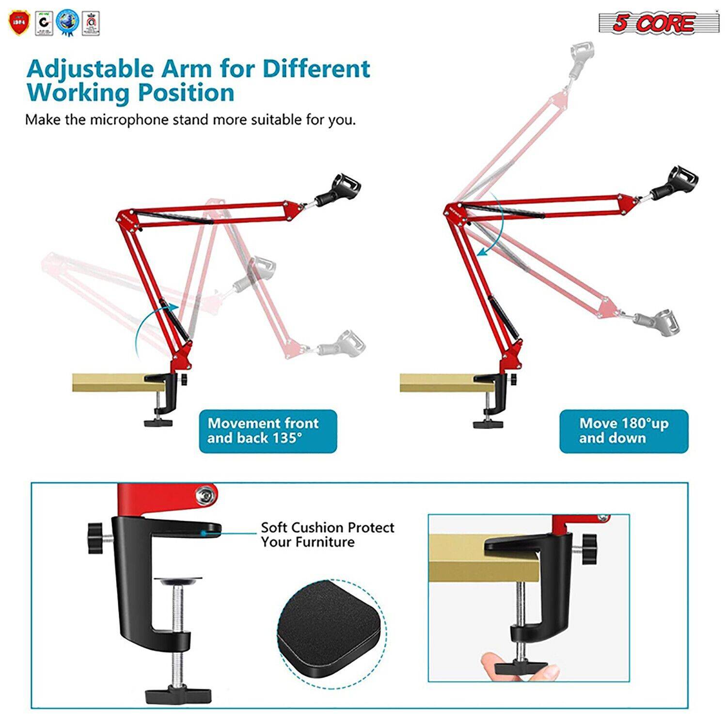 5Core Microphone Mic Suspension Boom Scissor Arm Desk Stand Mount in blue, showcasing its adjustable arm and sturdy construction.