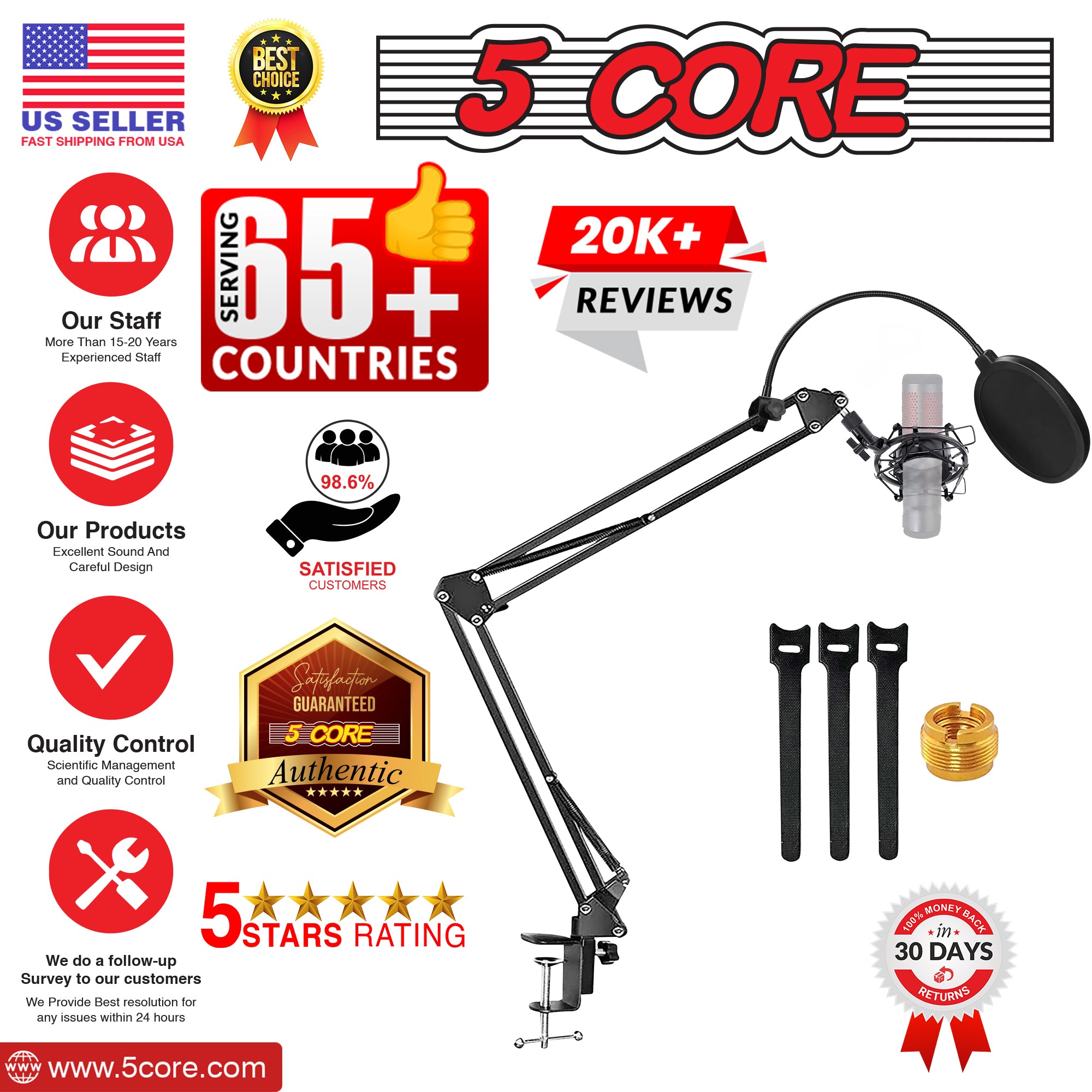 5Core Microphone Stand Suspension Desk Scissor Boom Arm with shock mount and pop filter, ideal for recording high-quality audio.