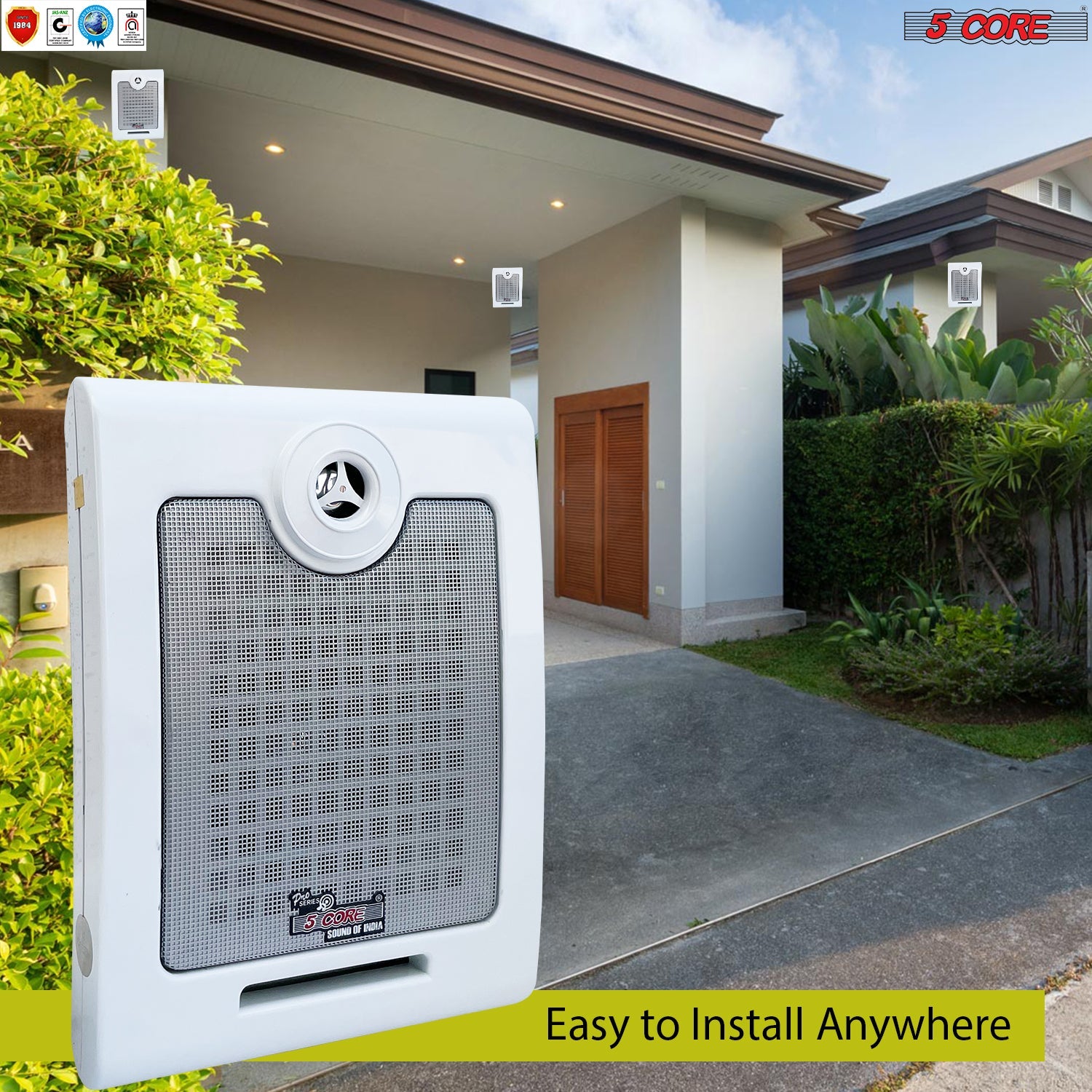 5Core Outdoor Wall Speakers mounted on a wall, showcasing their sleek design and all-weather resistant features.