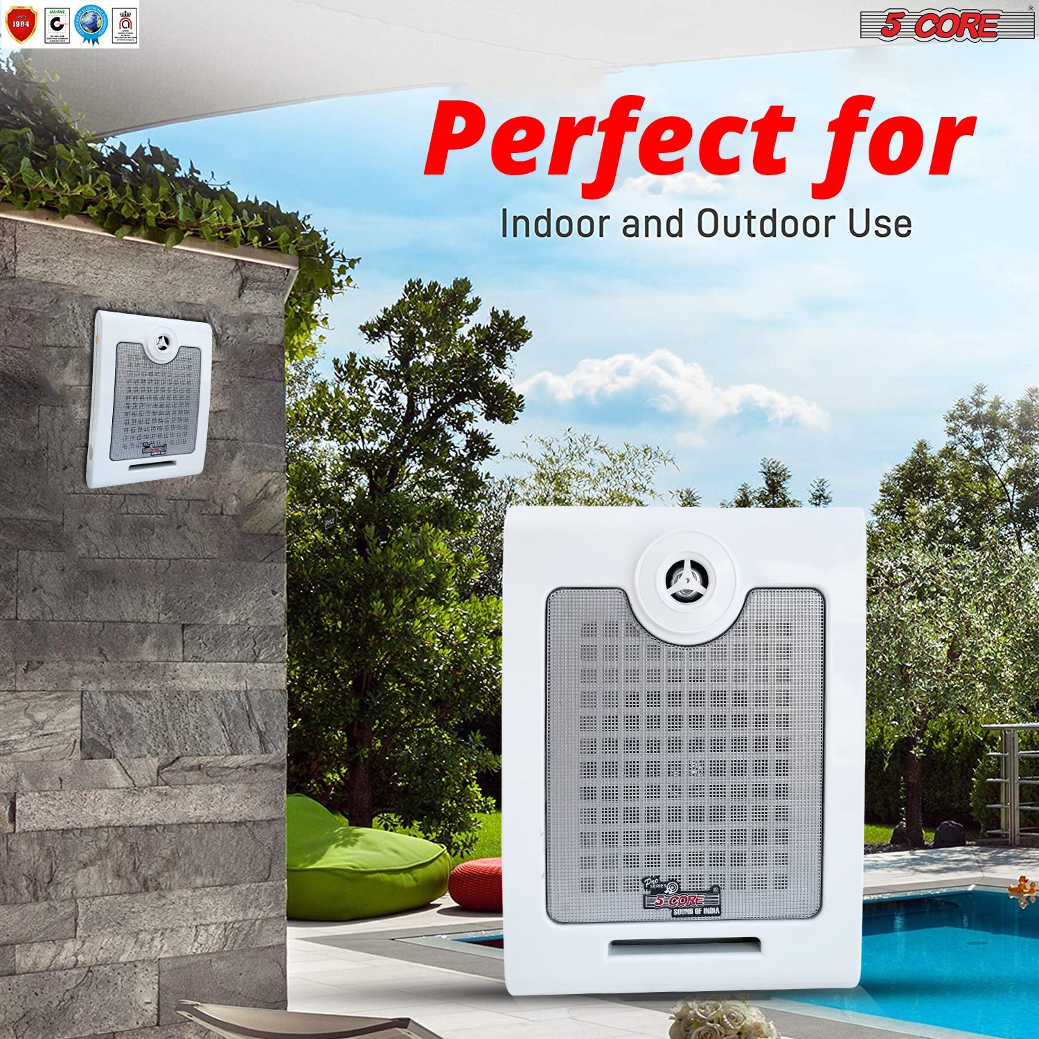 5Core Outdoor Wall Speakers mounted on a wall, showcasing their sleek design and all-weather resistant features.