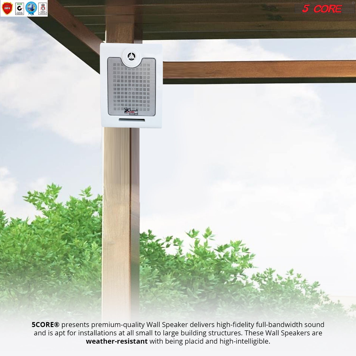 5Core Outdoor Wall Speakers mounted on a wall, showcasing their sleek design and all-weather resistant features.