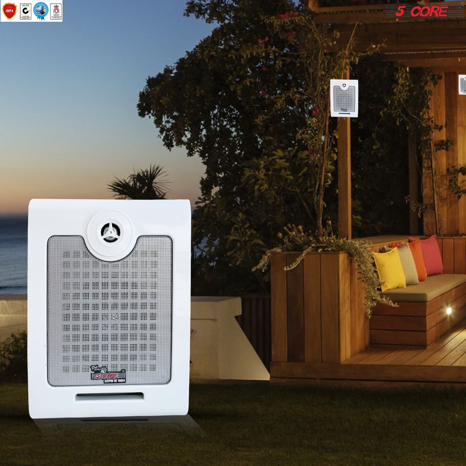 5Core Outdoor Wall Speakers mounted on a wall, showcasing their sleek design and all-weather resistant features.