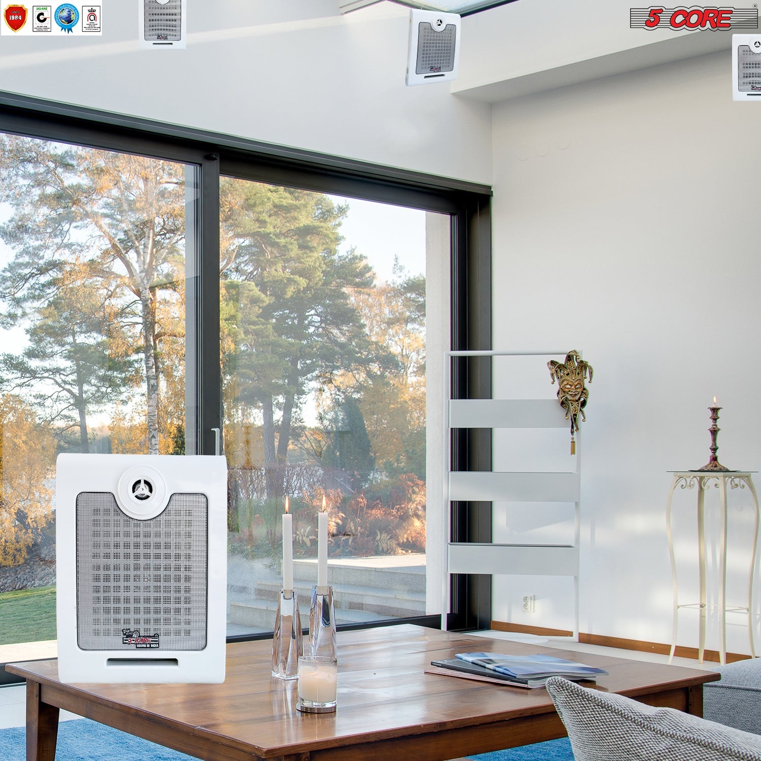 5Core Outdoor Wall Speakers mounted on a wall, showcasing their sleek design and all-weather resistant features.