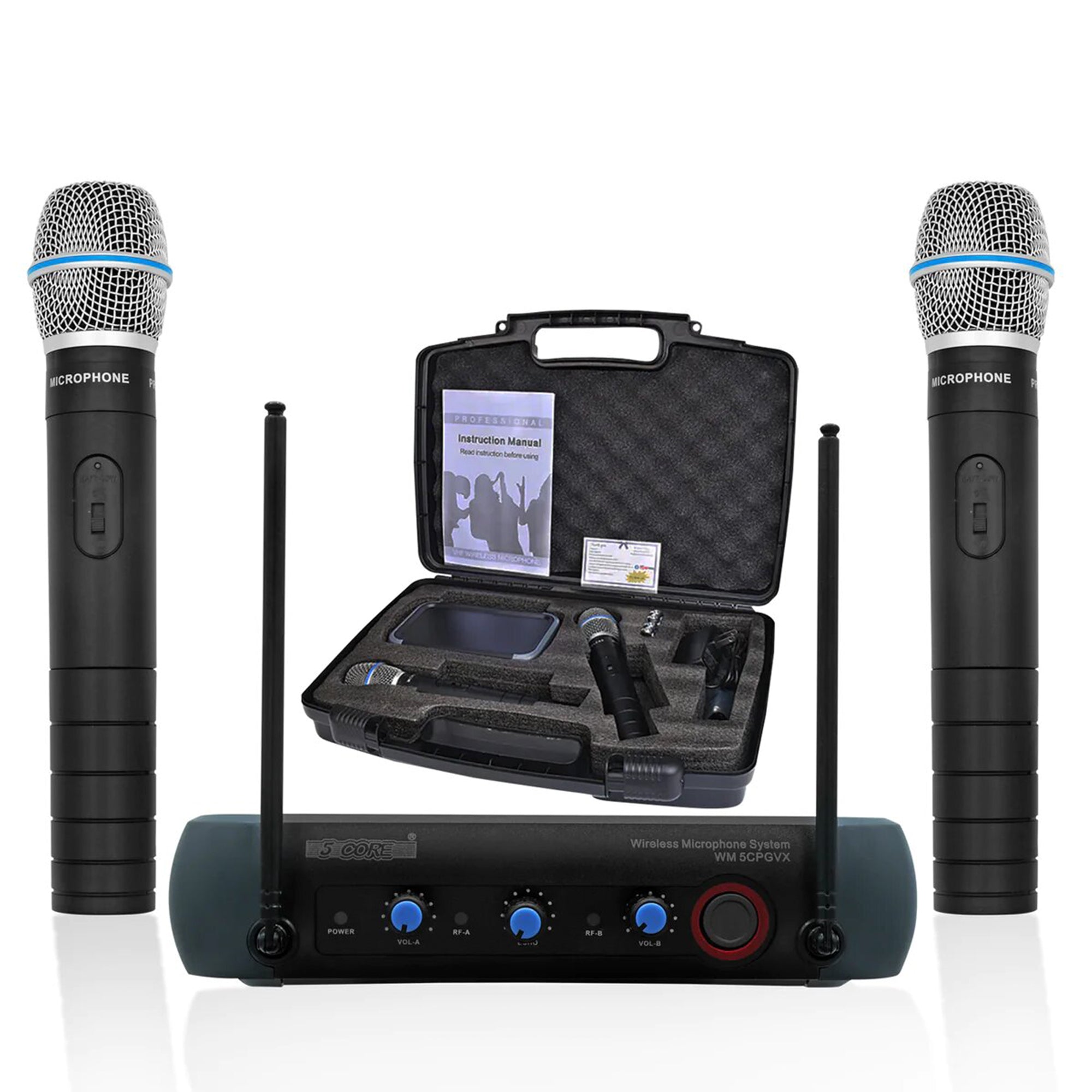 5Core Professional Wireless Microphone with steel mesh grill and receiver, designed for clear audio quality and durability.