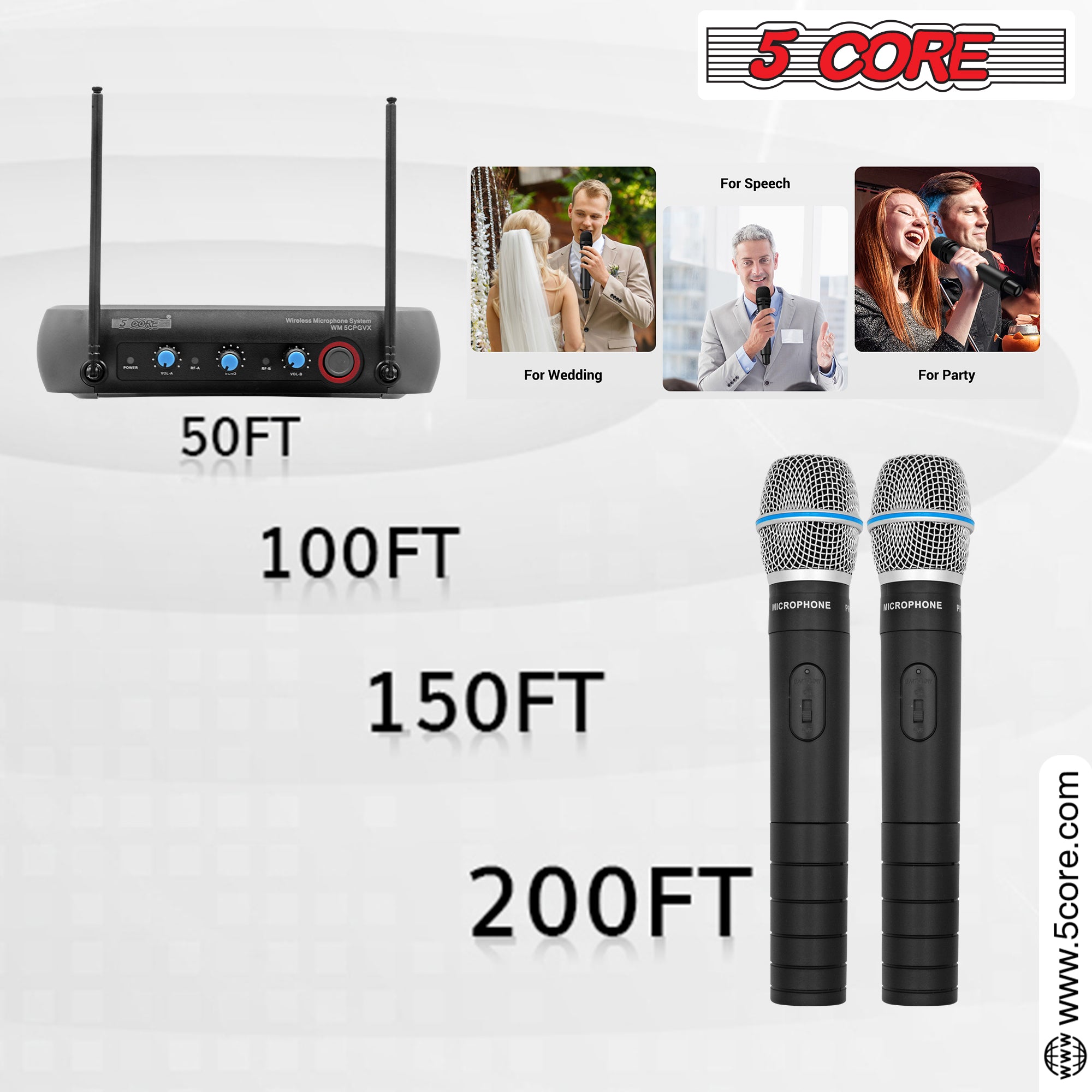 5Core Professional Wireless Microphone with steel mesh grill and receiver, designed for clear audio quality and durability.