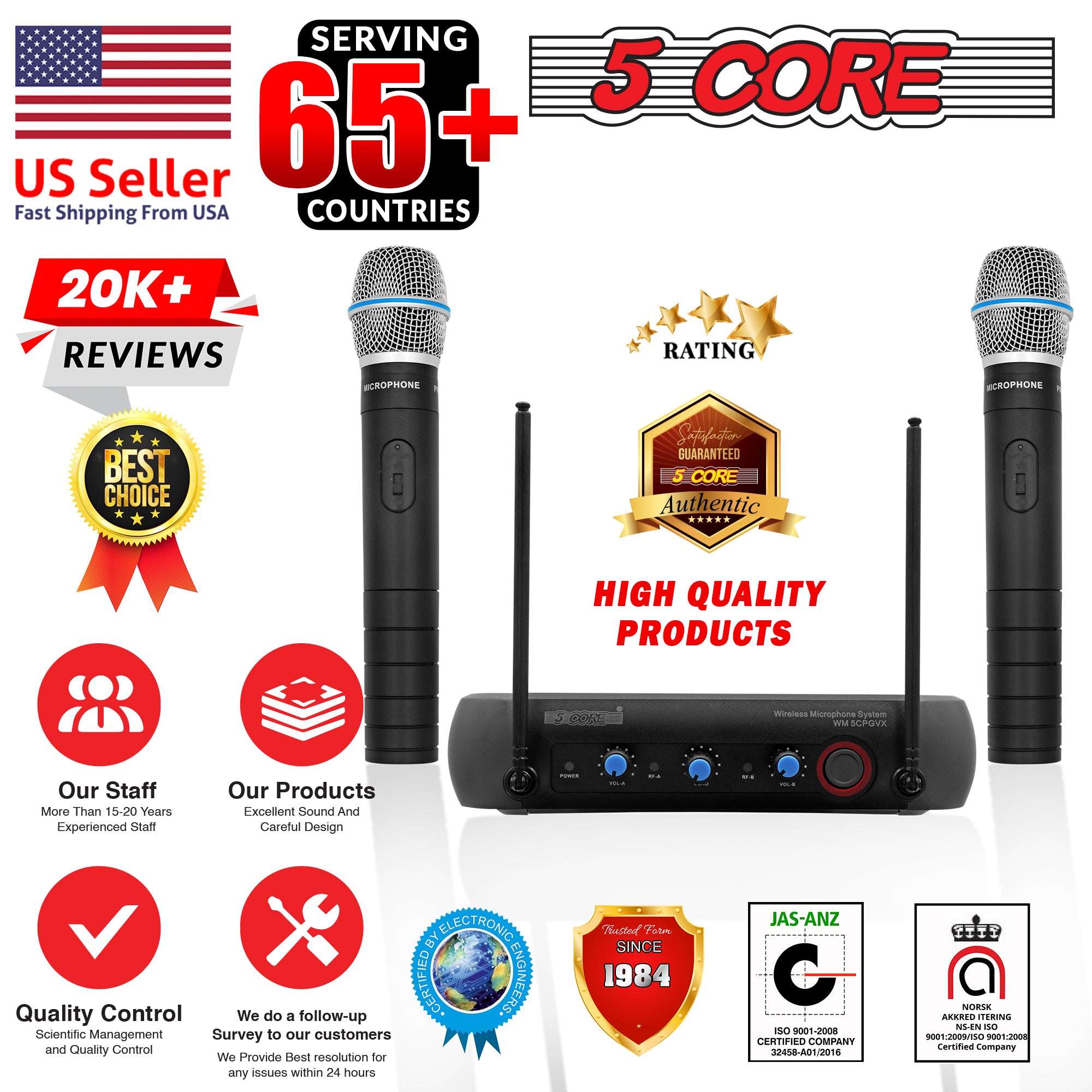 5Core Professional Wireless Microphone with steel mesh grill and receiver, designed for clear audio quality and durability.