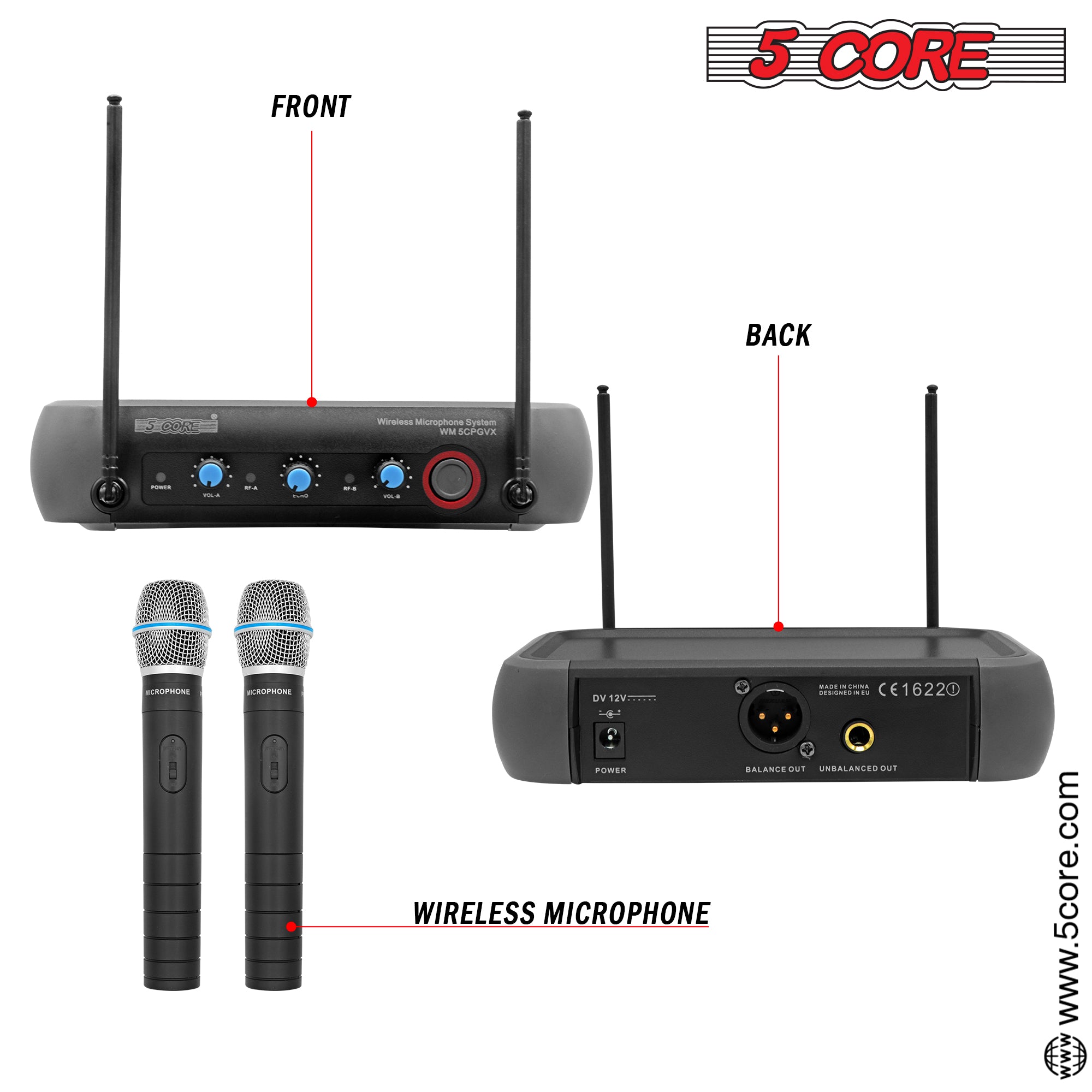 5Core Professional Wireless Microphone with steel mesh grill and receiver, designed for clear audio quality and durability.