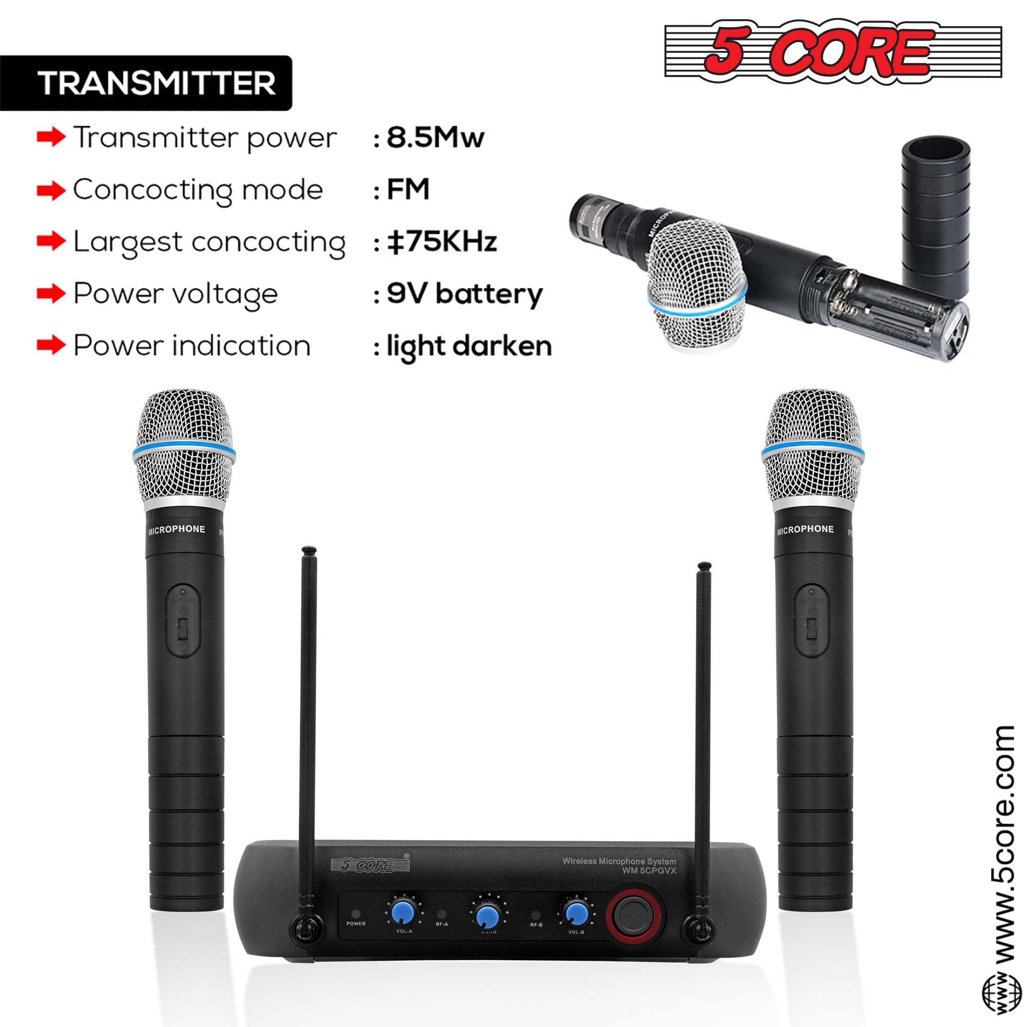 5Core Professional Wireless Microphone with steel mesh grill and receiver, designed for clear audio quality and durability.