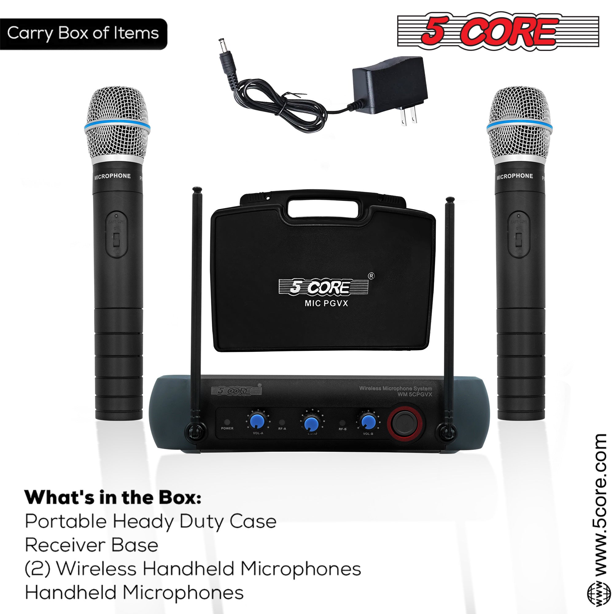 5Core Professional Wireless Microphone with steel mesh grill and receiver, designed for clear audio quality and durability.