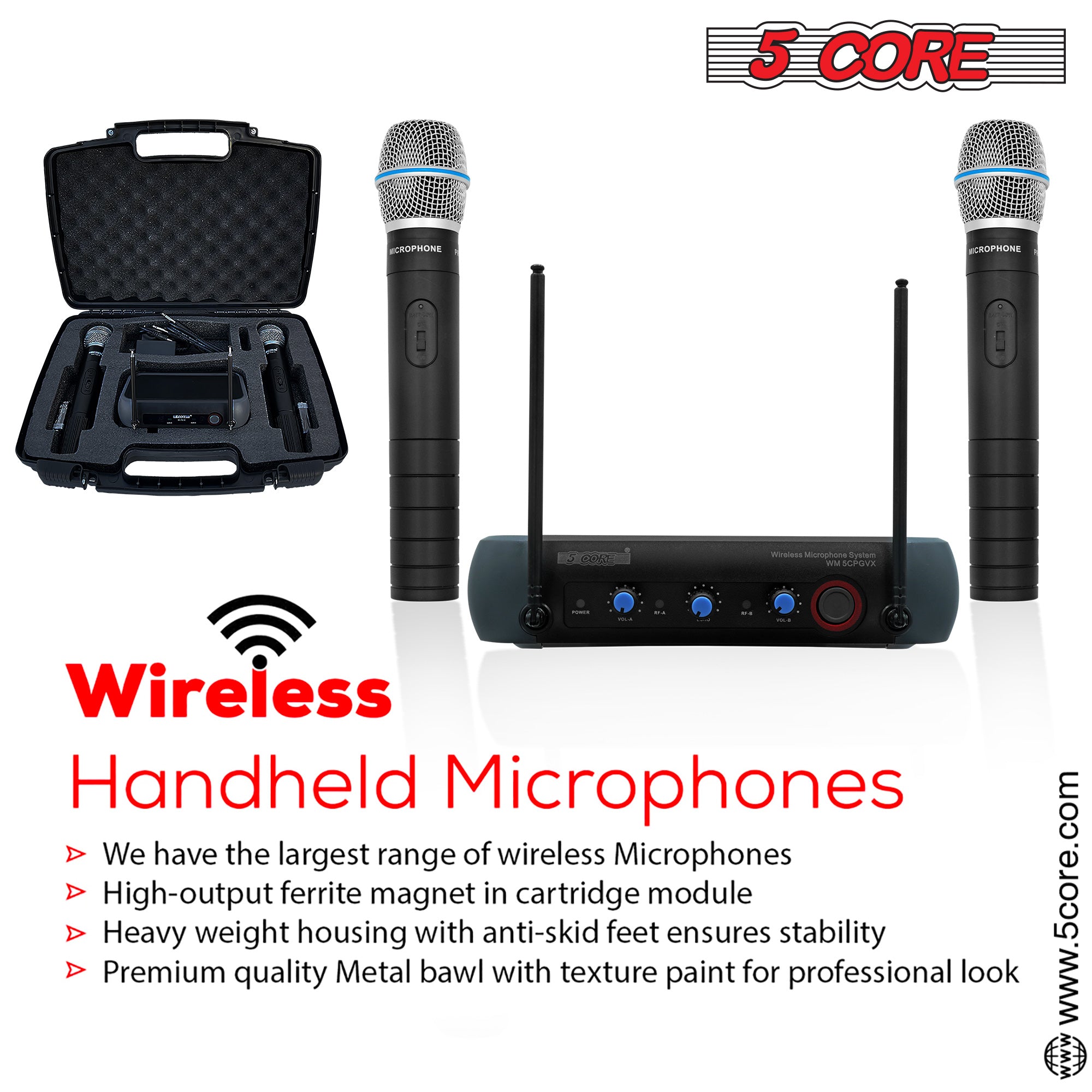 5Core Professional Wireless Microphone with steel mesh grill and receiver, designed for clear audio quality and durability.