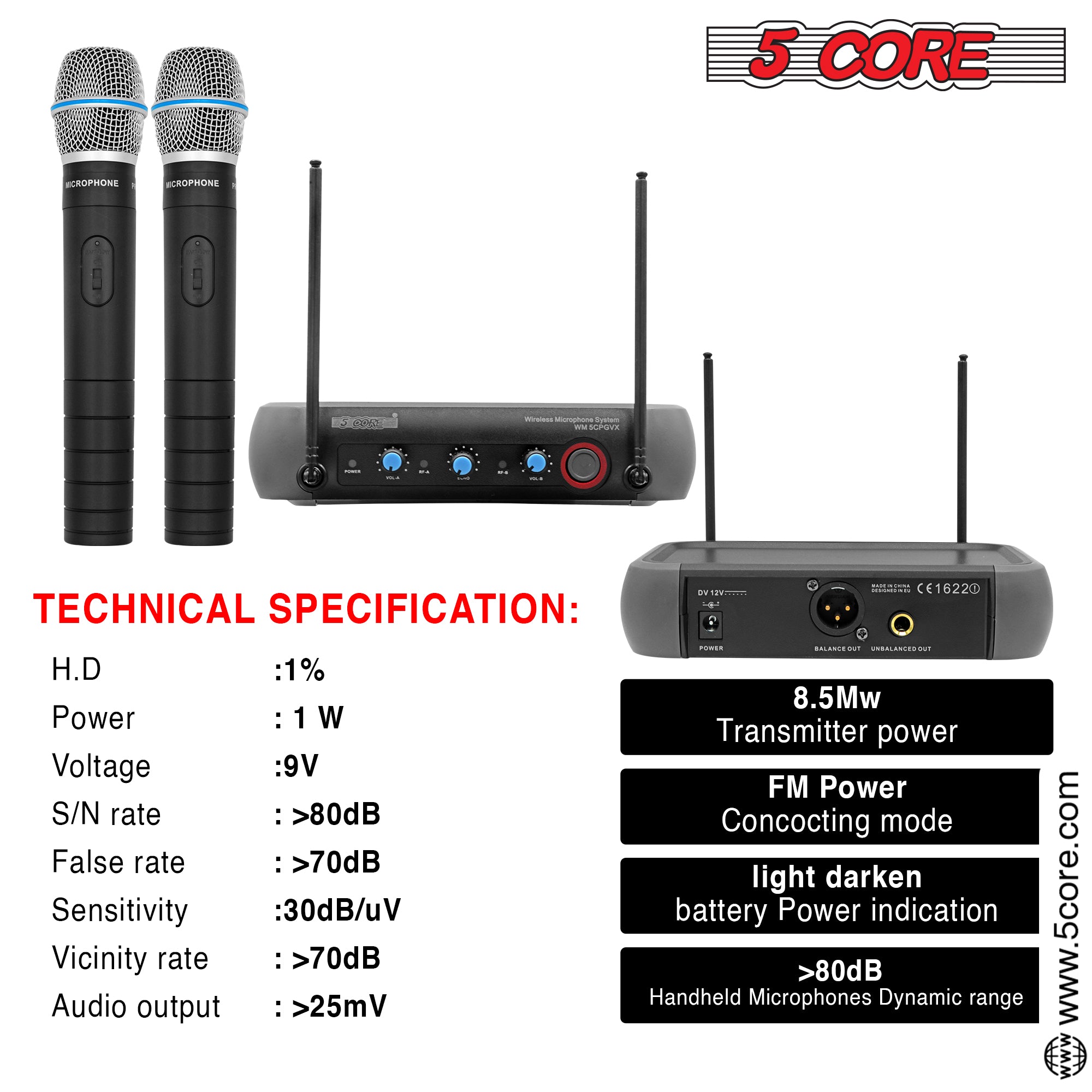 5Core Professional Wireless Microphone with steel mesh grill and receiver, designed for clear audio quality and durability.