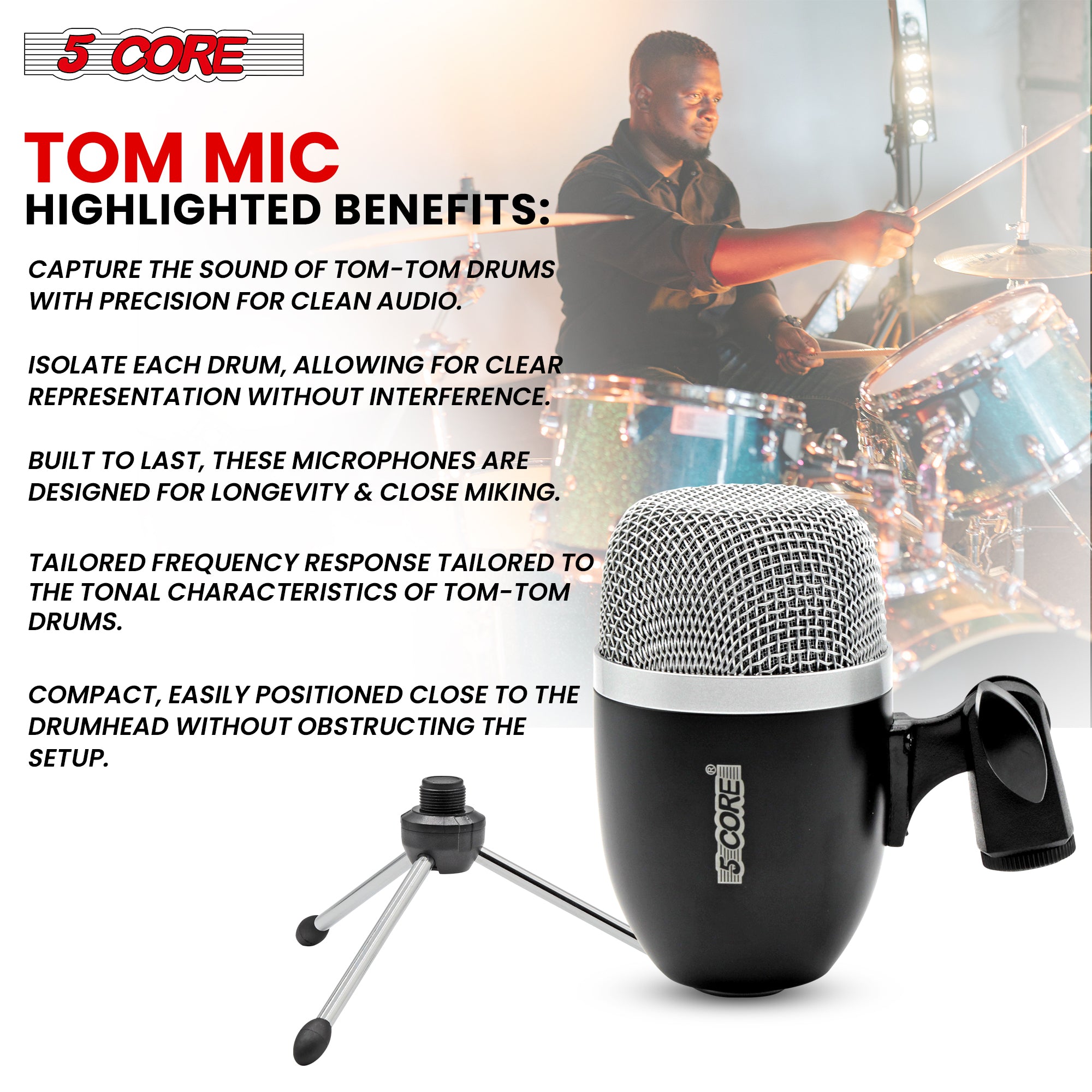 5Core Tom Snare Mic, a cardioid dynamic microphone designed for drum kits, featuring a sturdy build and protective steel mesh grille.