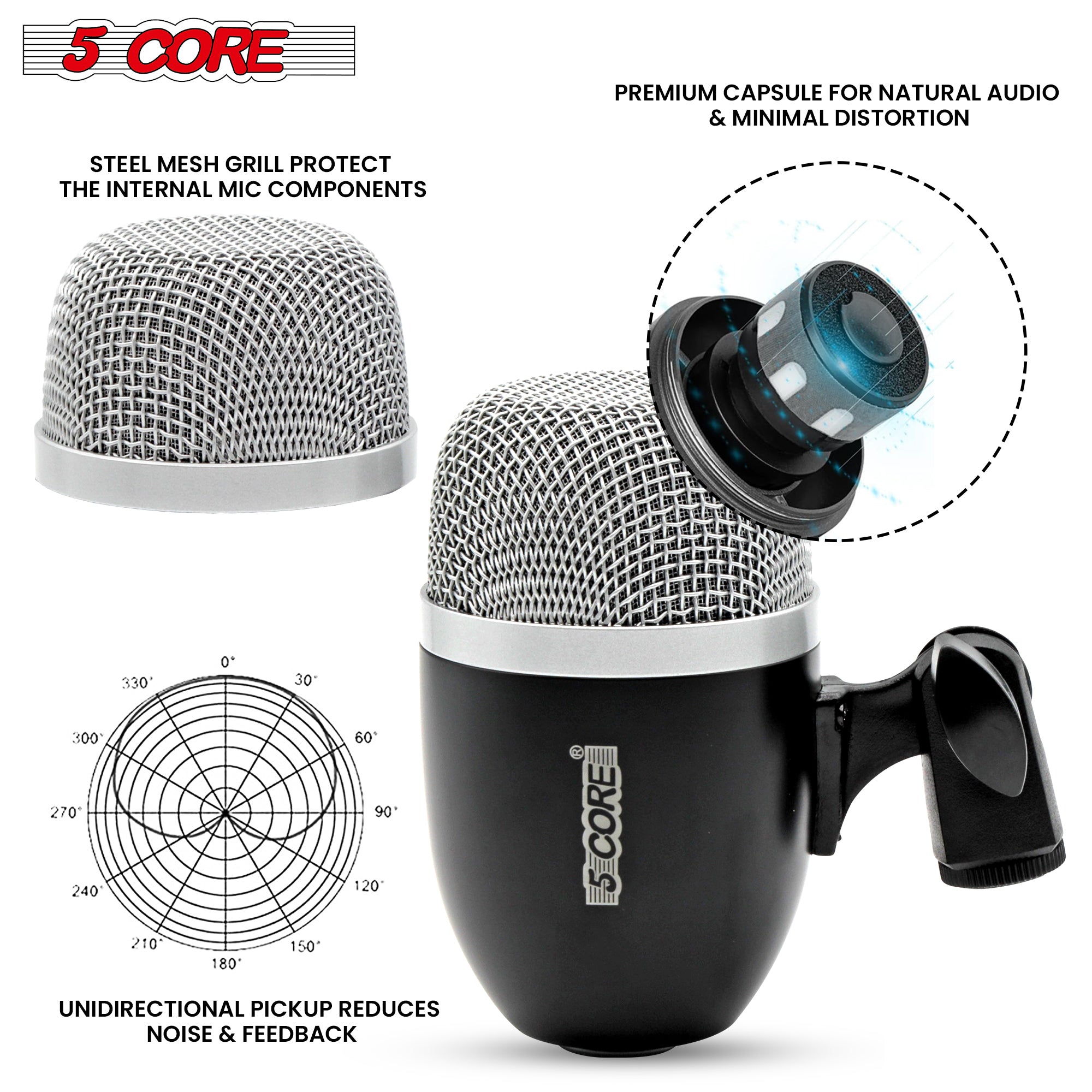 5Core Tom Snare Mic, a cardioid dynamic microphone designed for drum kits, featuring a sturdy build and protective steel mesh grille.