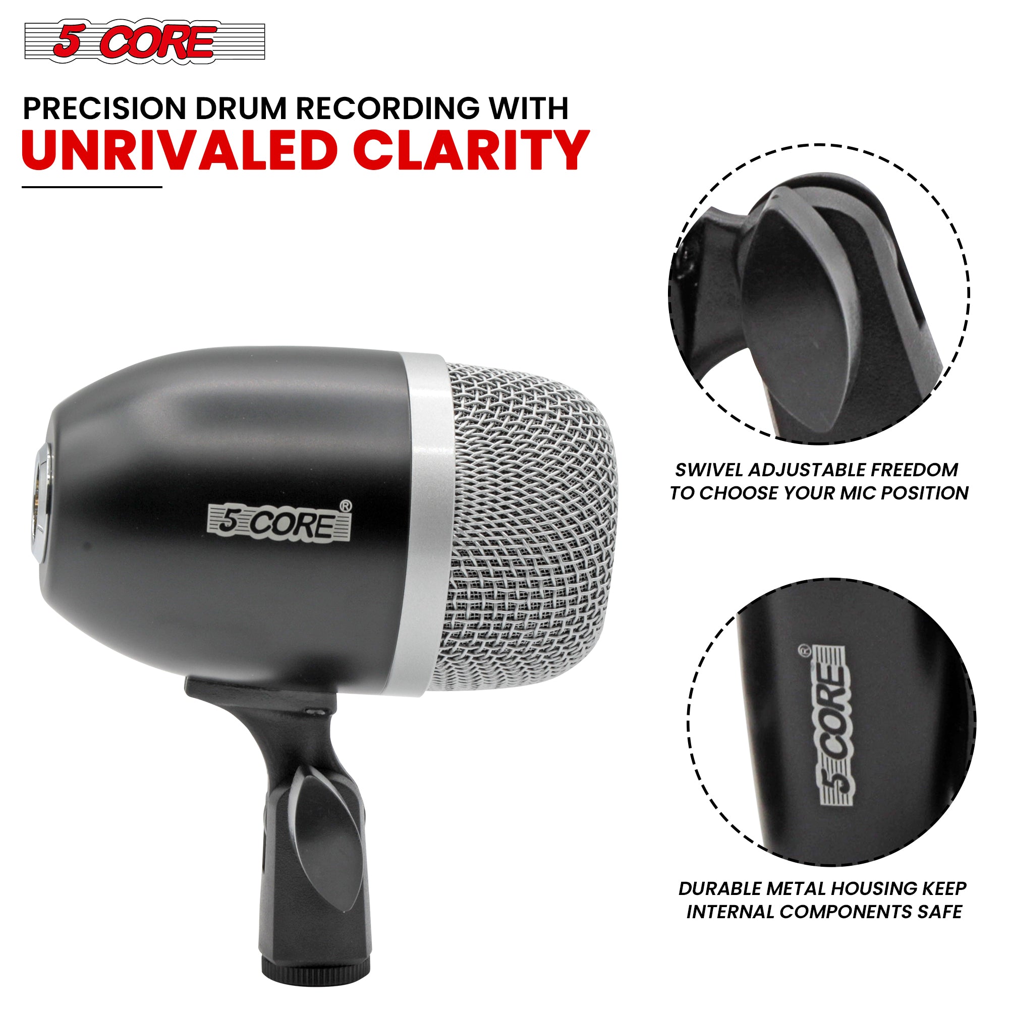 5Core Tom Snare Mic, a cardioid dynamic microphone designed for drum kits, featuring a sturdy build and protective steel mesh grille.