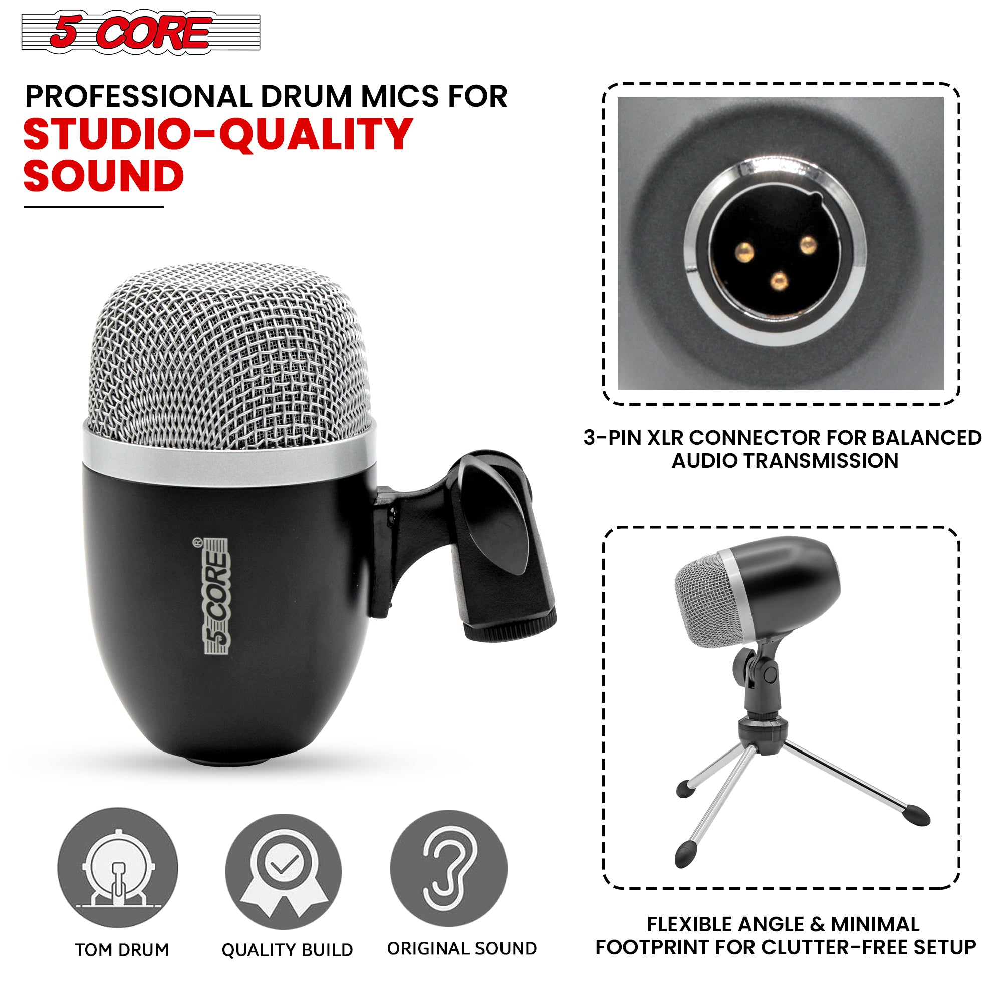 5Core Tom Snare Mic, a cardioid dynamic microphone designed for drum kits, featuring a sturdy build and protective steel mesh grille.