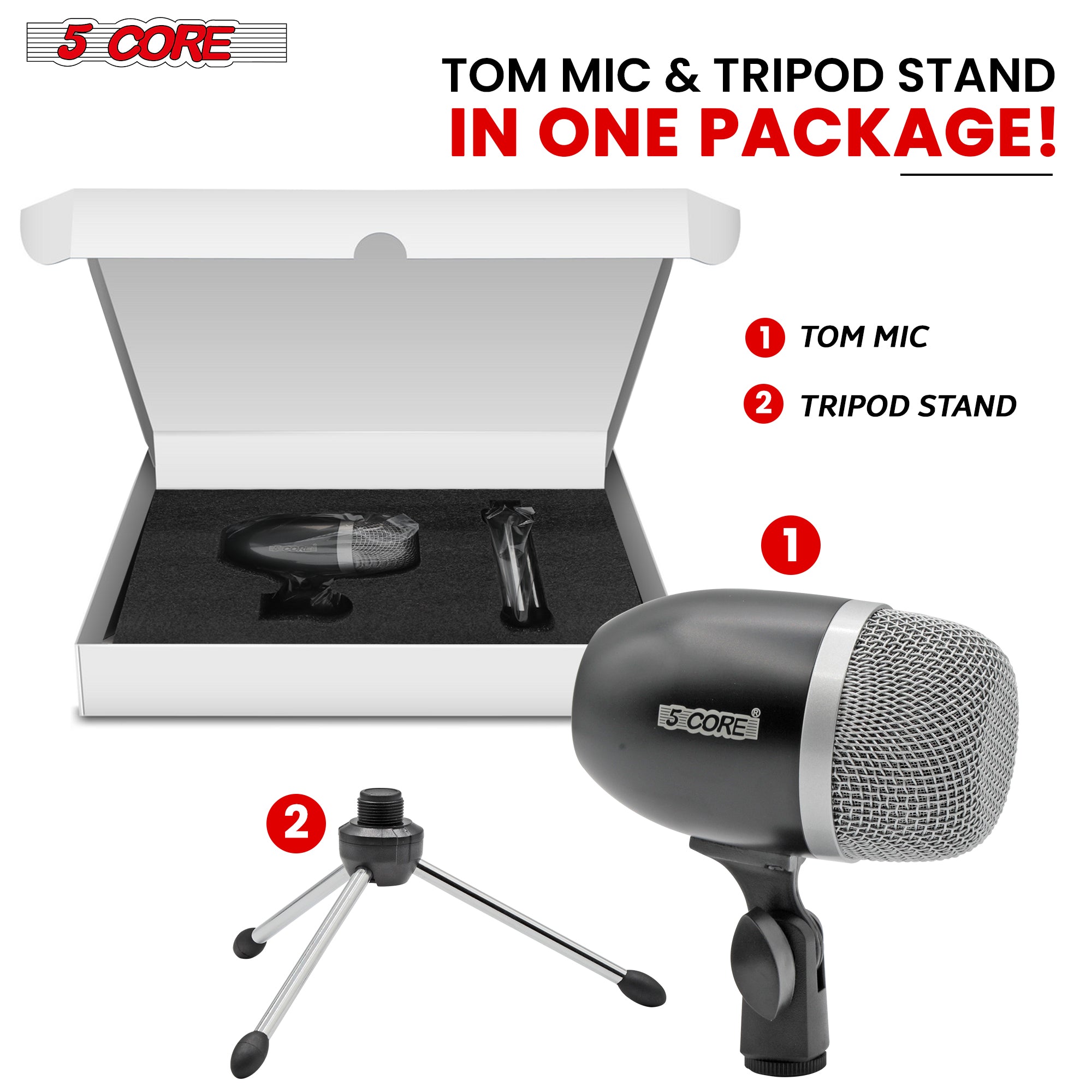 5Core Tom Snare Mic, a cardioid dynamic microphone designed for drum kits, featuring a sturdy build and protective steel mesh grille.