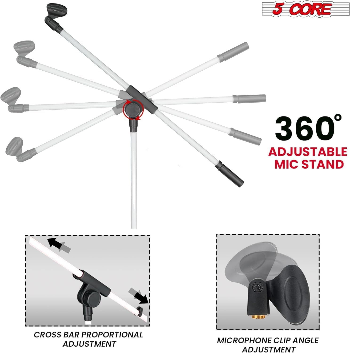 5Core Tripod Mic Stand with adjustable height and foldable tripod legs, designed for stability and durability.