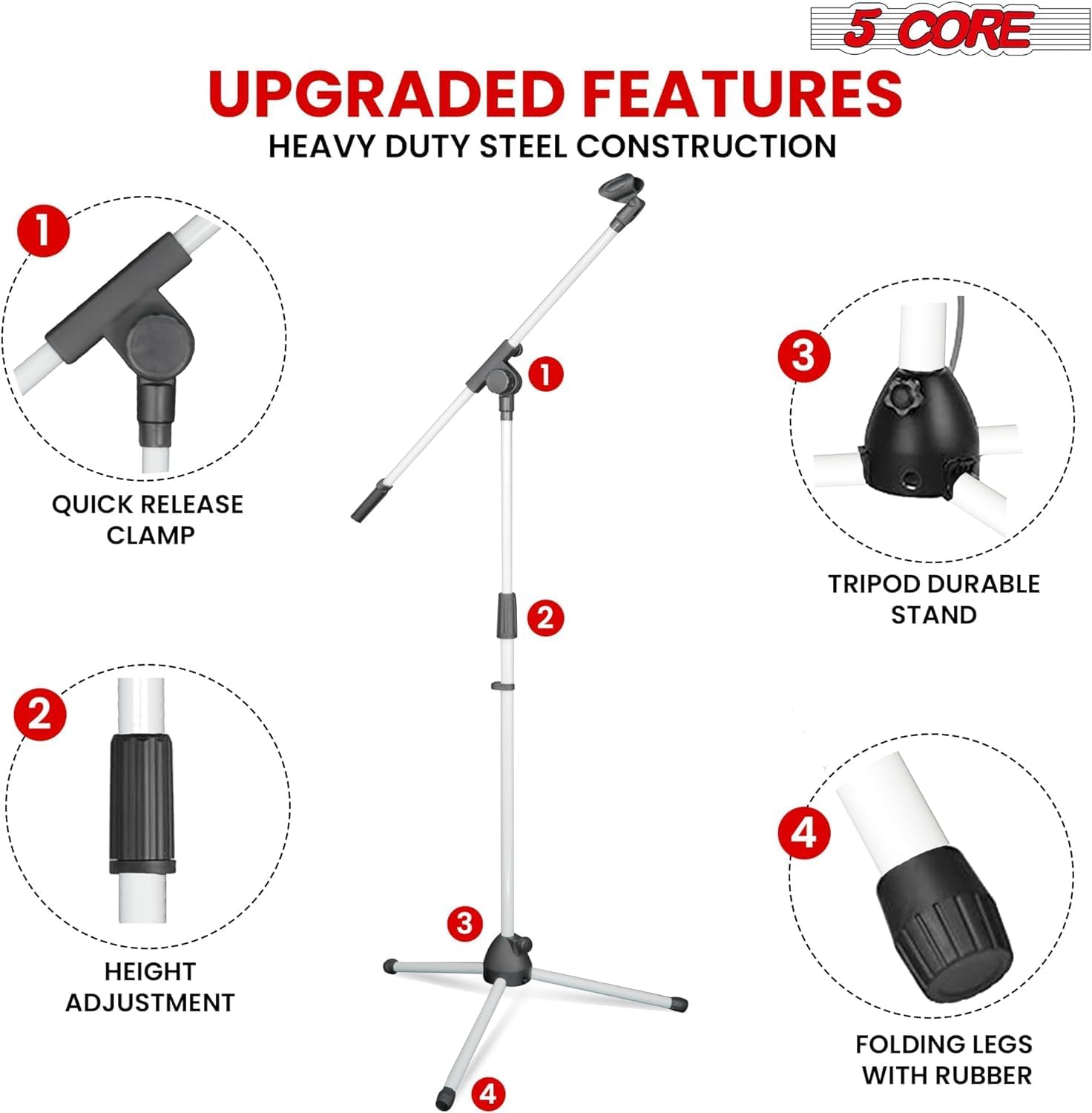 5Core Tripod Mic Stand with adjustable height and foldable tripod legs, designed for stability and durability.