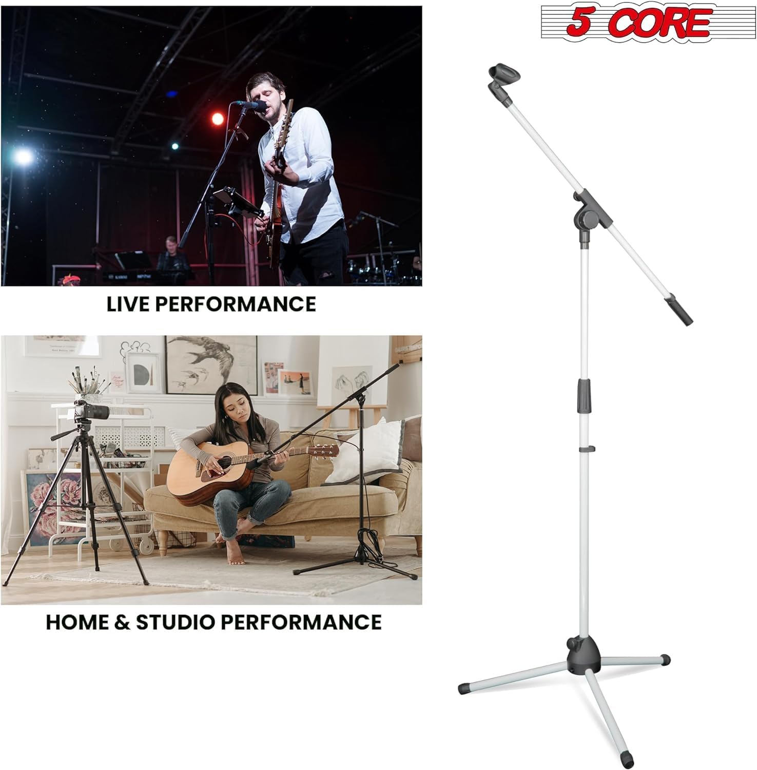 5Core Tripod Mic Stand with adjustable height and foldable tripod legs, designed for stability and durability.