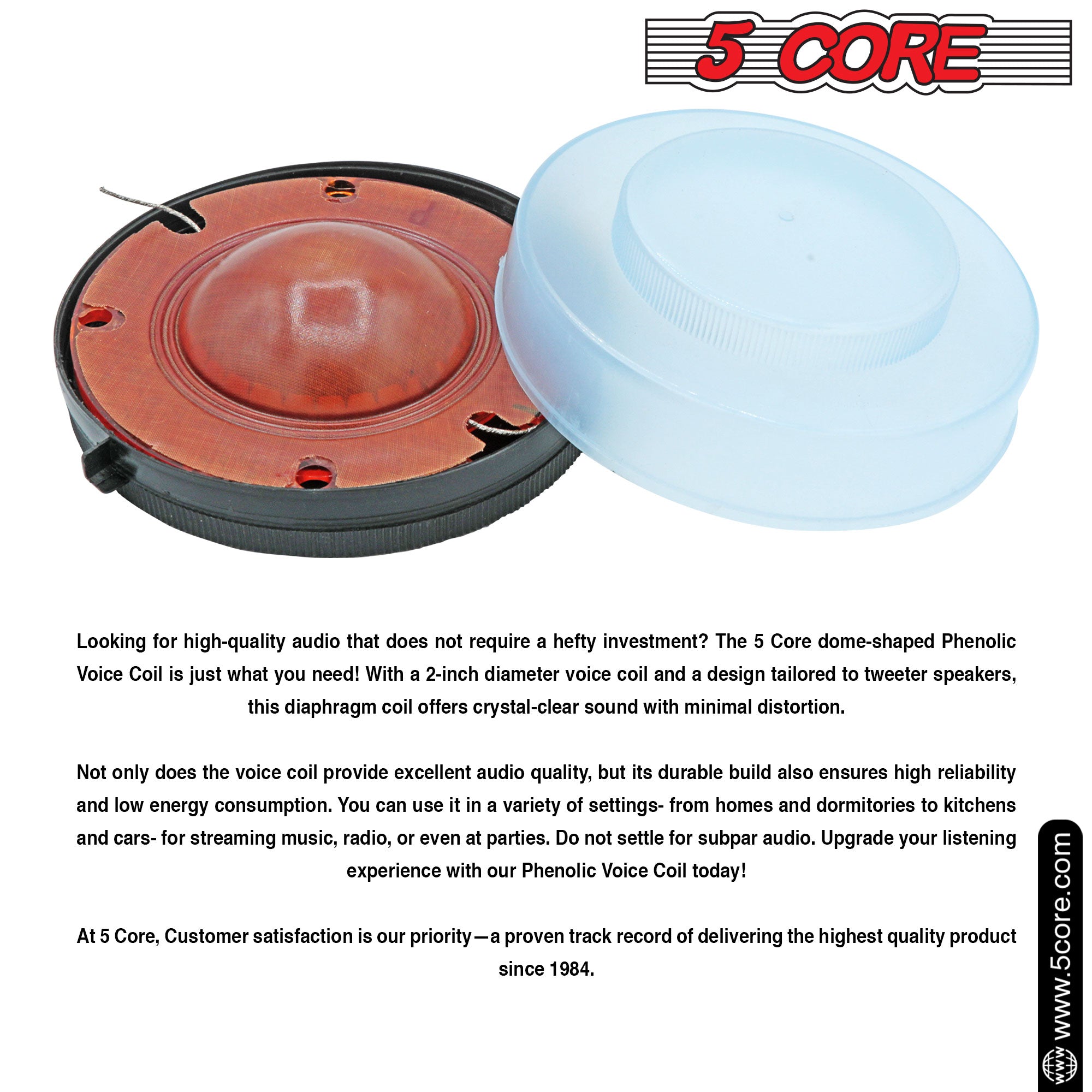 5Core Voice Coil Diaphragm made of Phenolic material, featuring a 2-inch dome-shaped design for high-quality audio performance.