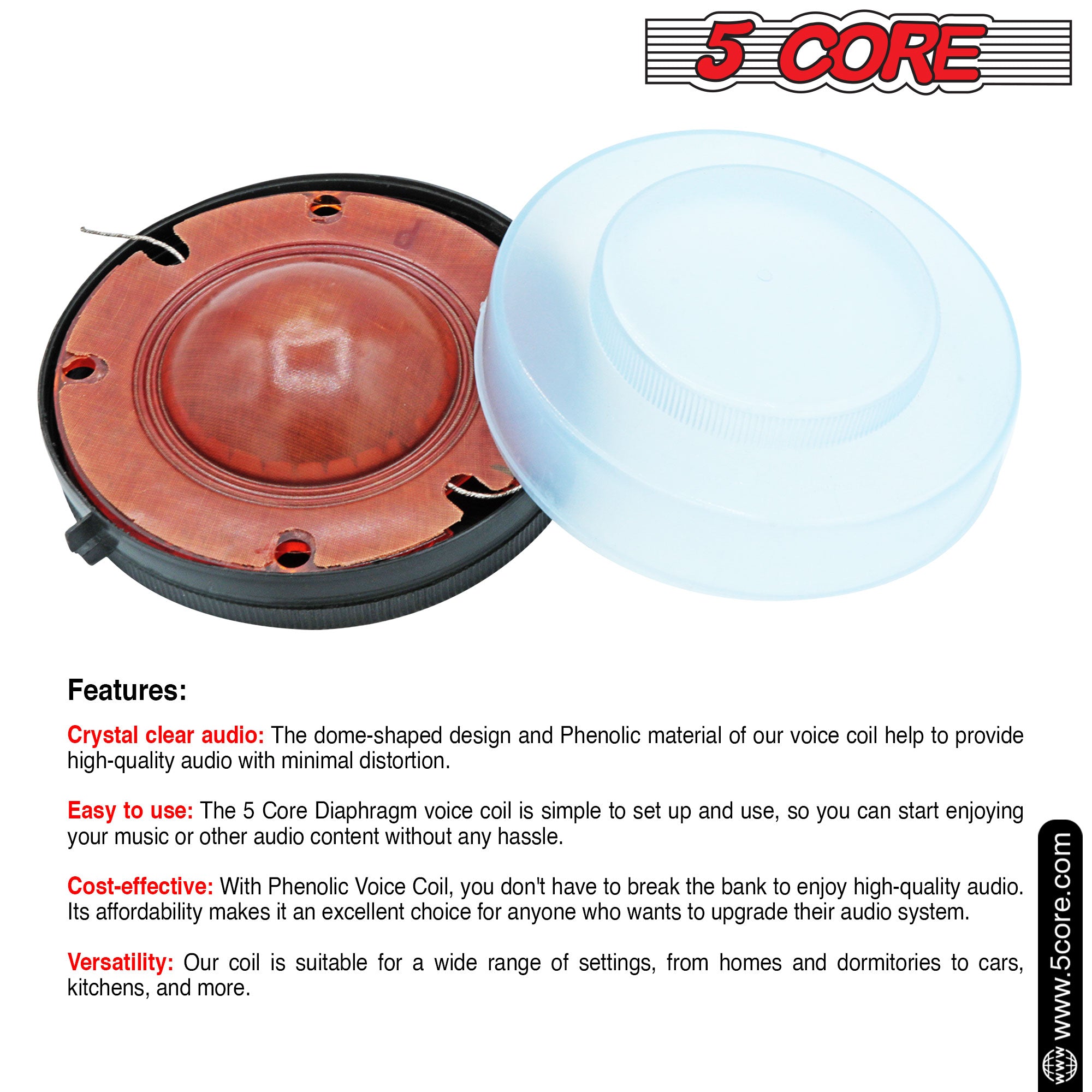 5Core Voice Coil Diaphragm made of Phenolic material, featuring a 2-inch dome-shaped design for high-quality audio performance.