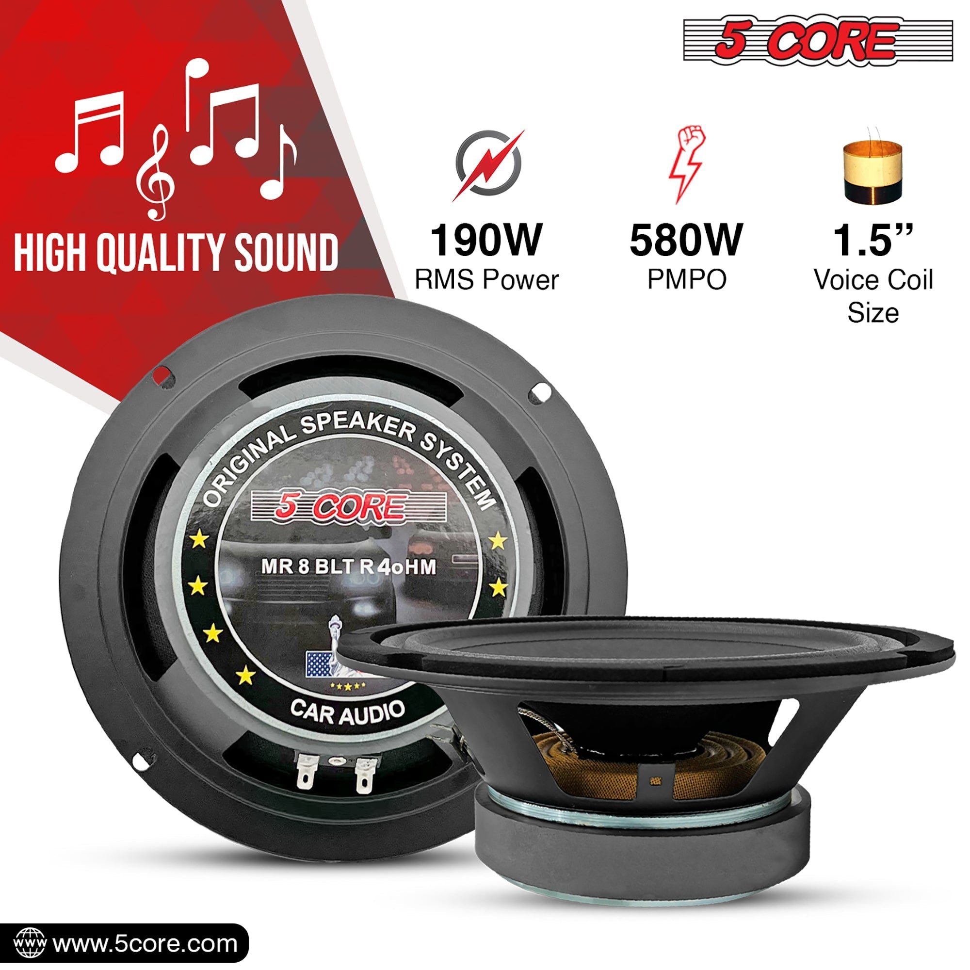 5 Core 8 inch 4 Ohm car audio speakers with aluminum bullet phase plug, designed for powerful sound and clarity.