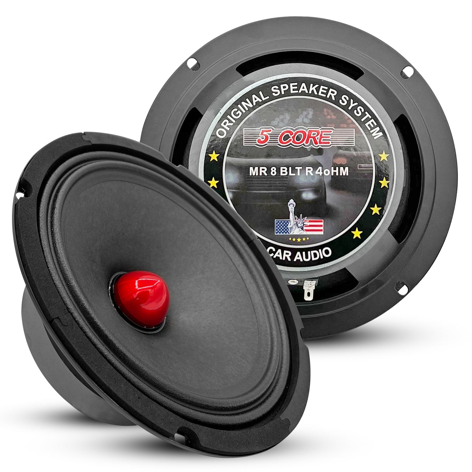 5 Core 8 inch 4 Ohm car audio speakers with aluminum bullet phase plug, designed for powerful sound and clarity.