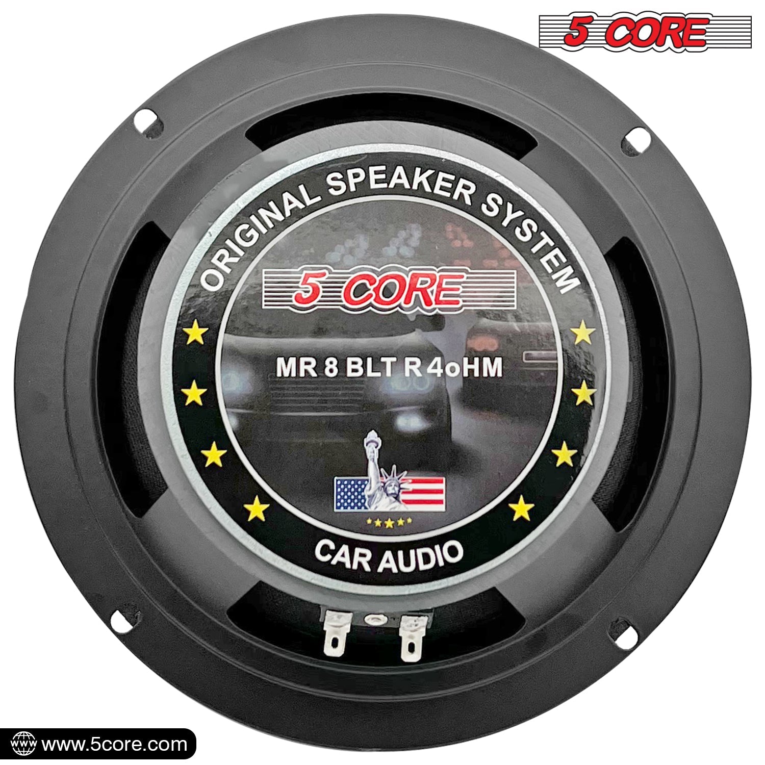 5 Core 8 inch 4 Ohm car audio speakers with aluminum bullet phase plug, designed for powerful sound and clarity.