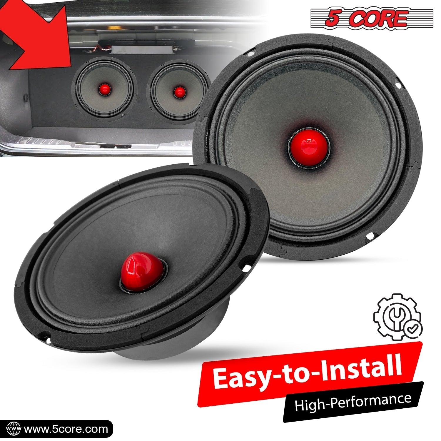 5 Core 8 inch 4 Ohm car audio speakers with aluminum bullet phase plug, designed for powerful sound and clarity.