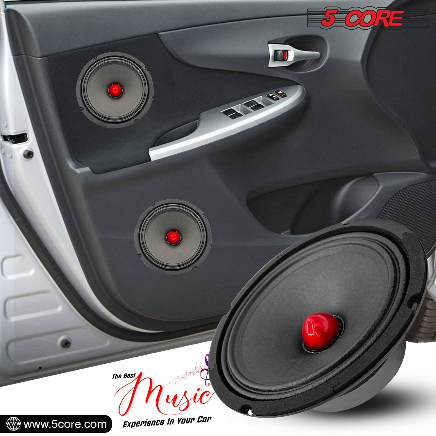 5 Core 8 inch 4 Ohm car audio speakers with aluminum bullet phase plug, designed for powerful sound and clarity.