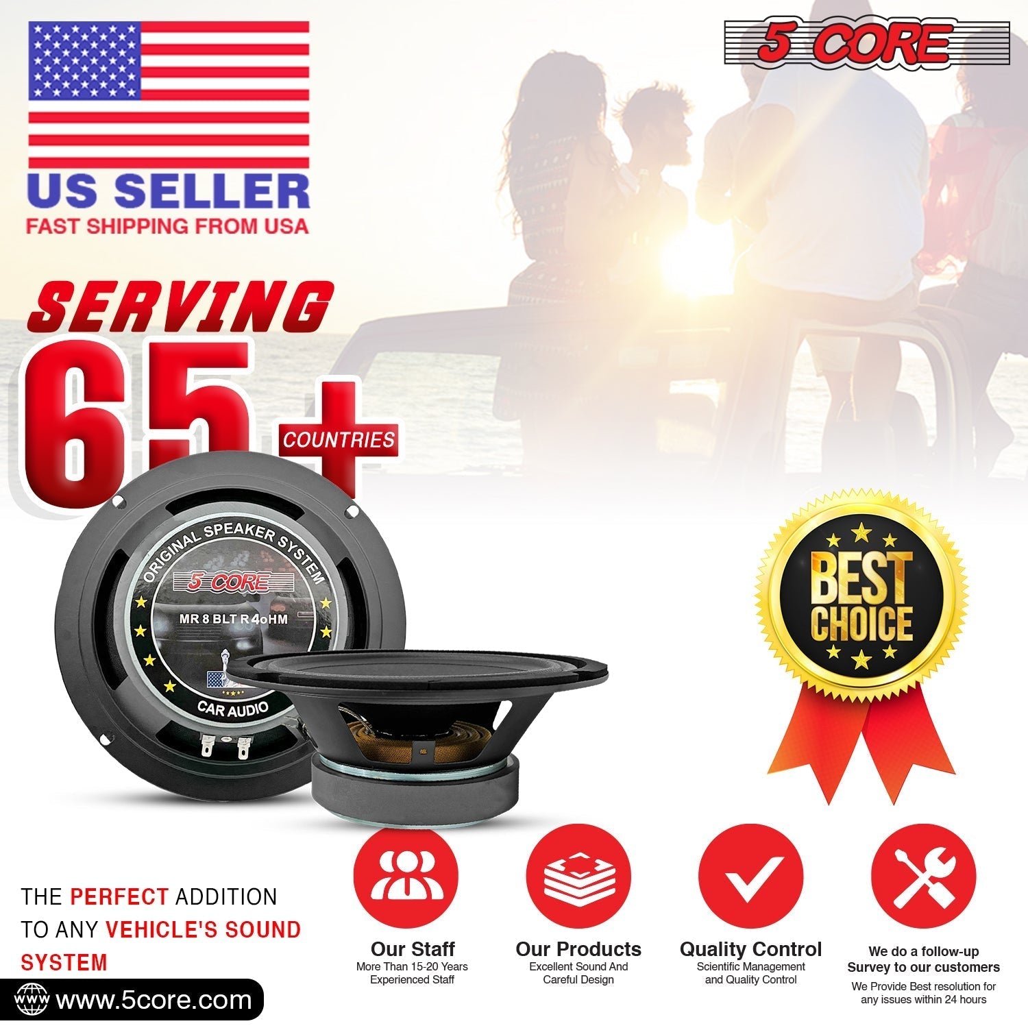 5 Core 8 inch 4 Ohm car audio speakers with aluminum bullet phase plug, designed for powerful sound and clarity.