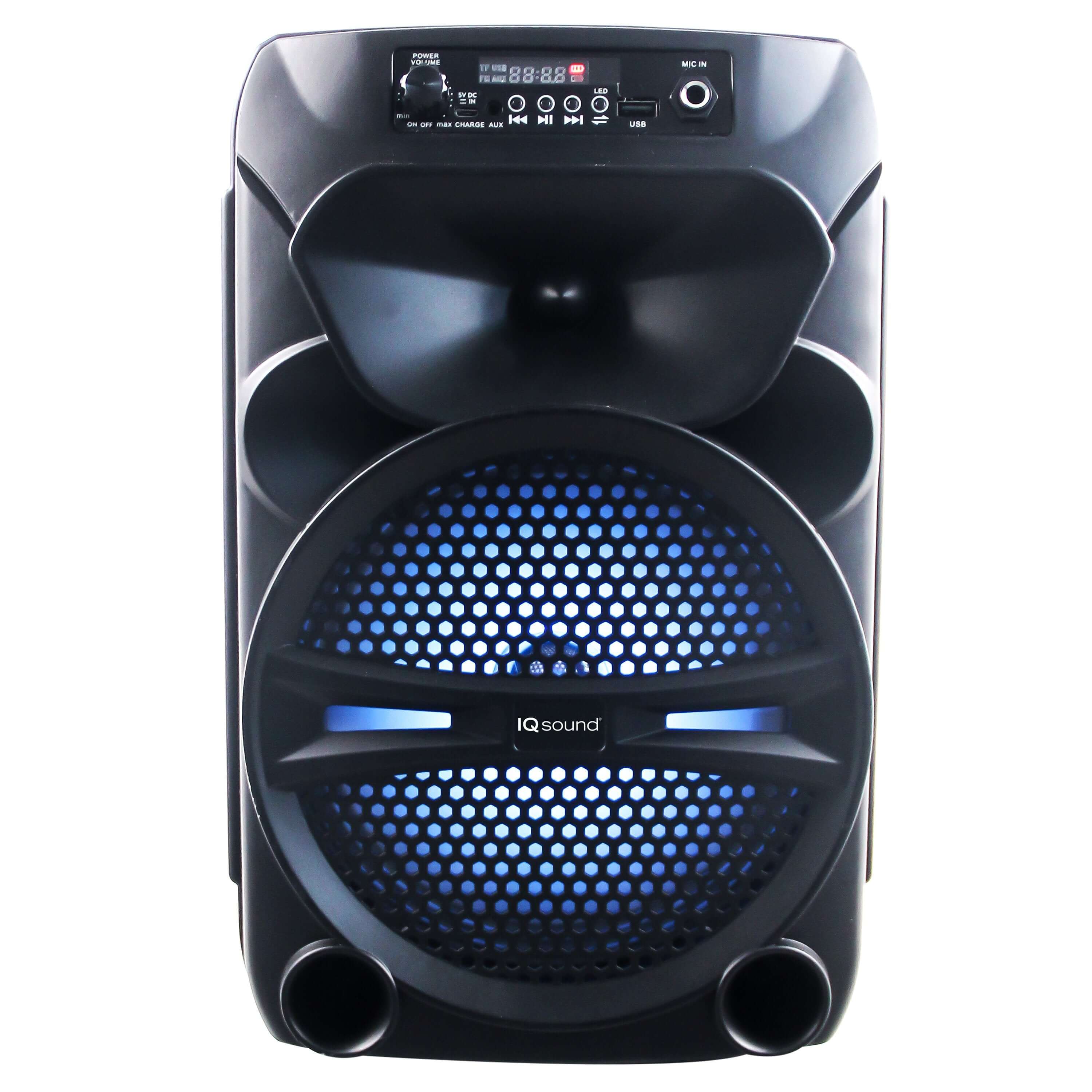 8-inch Bluetooth speaker with true wireless technology, featuring a high-efficiency woofer and LED display, designed for portability and connectivity.