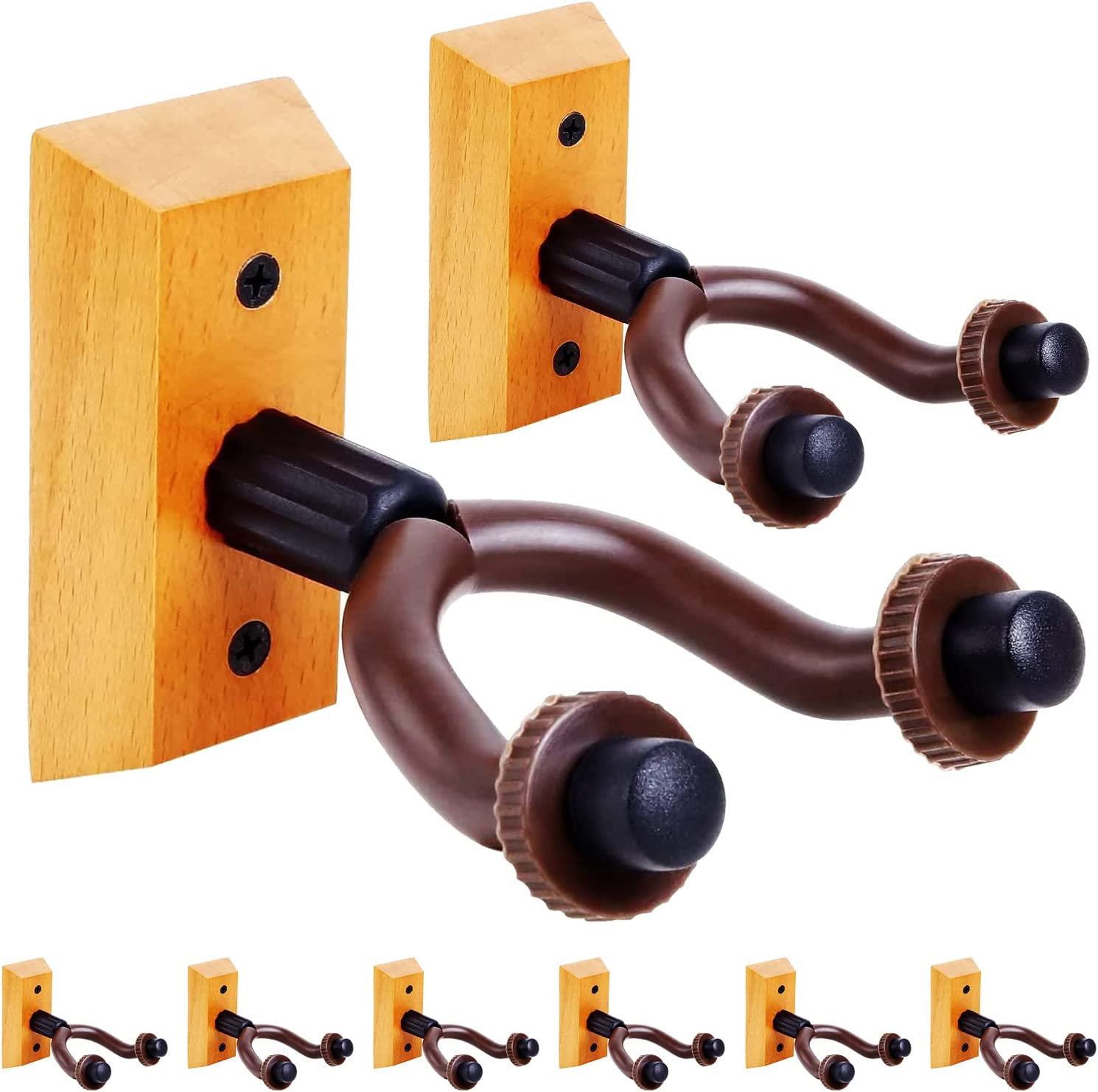 A set of 8 guitar hangers designed for wall mounting, featuring a sturdy wooden base and soft protective arms to hold various string instruments securely.