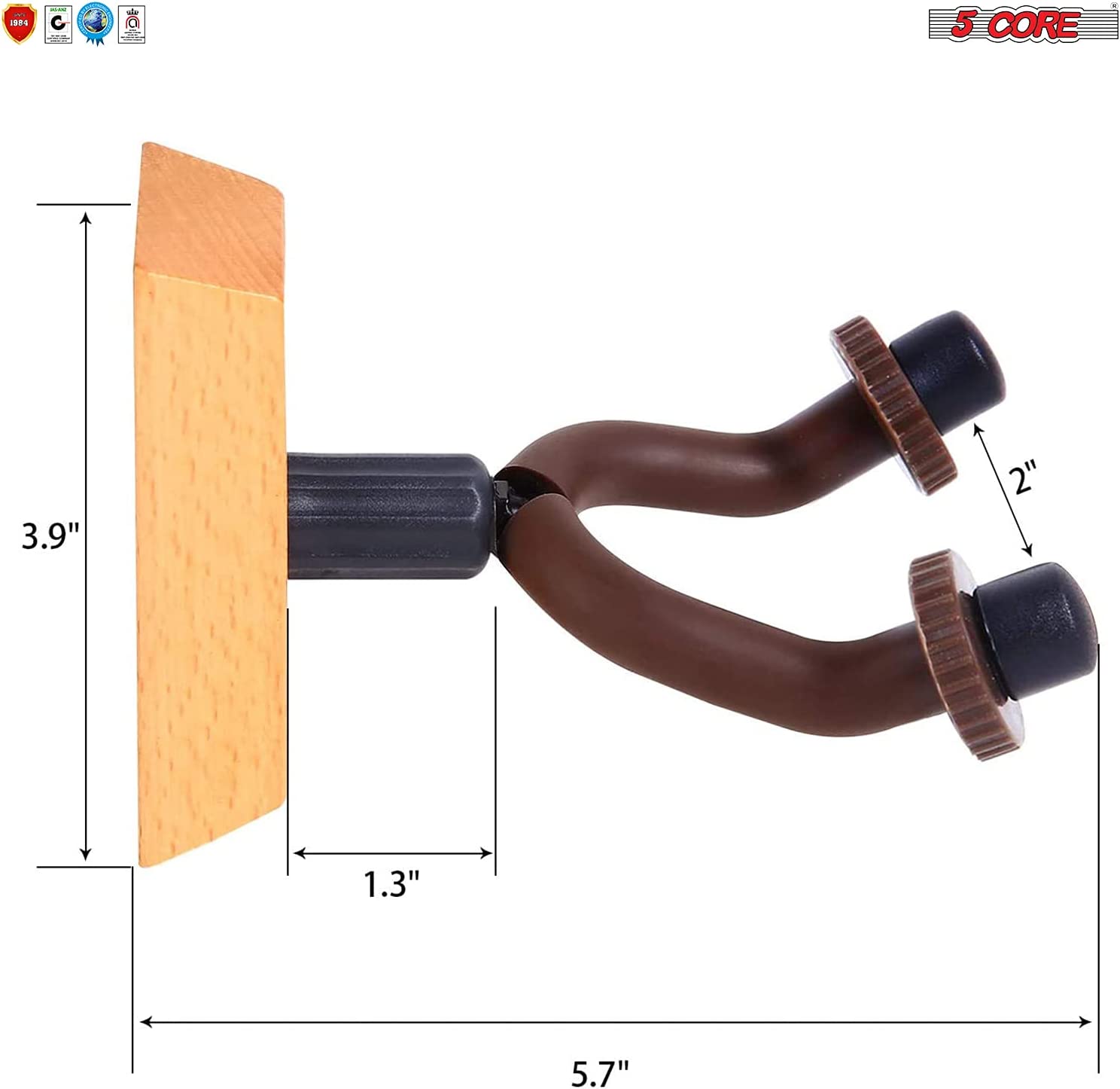 A set of 8 guitar hangers designed for wall mounting, featuring a sturdy wooden base and soft protective arms to hold various string instruments securely.