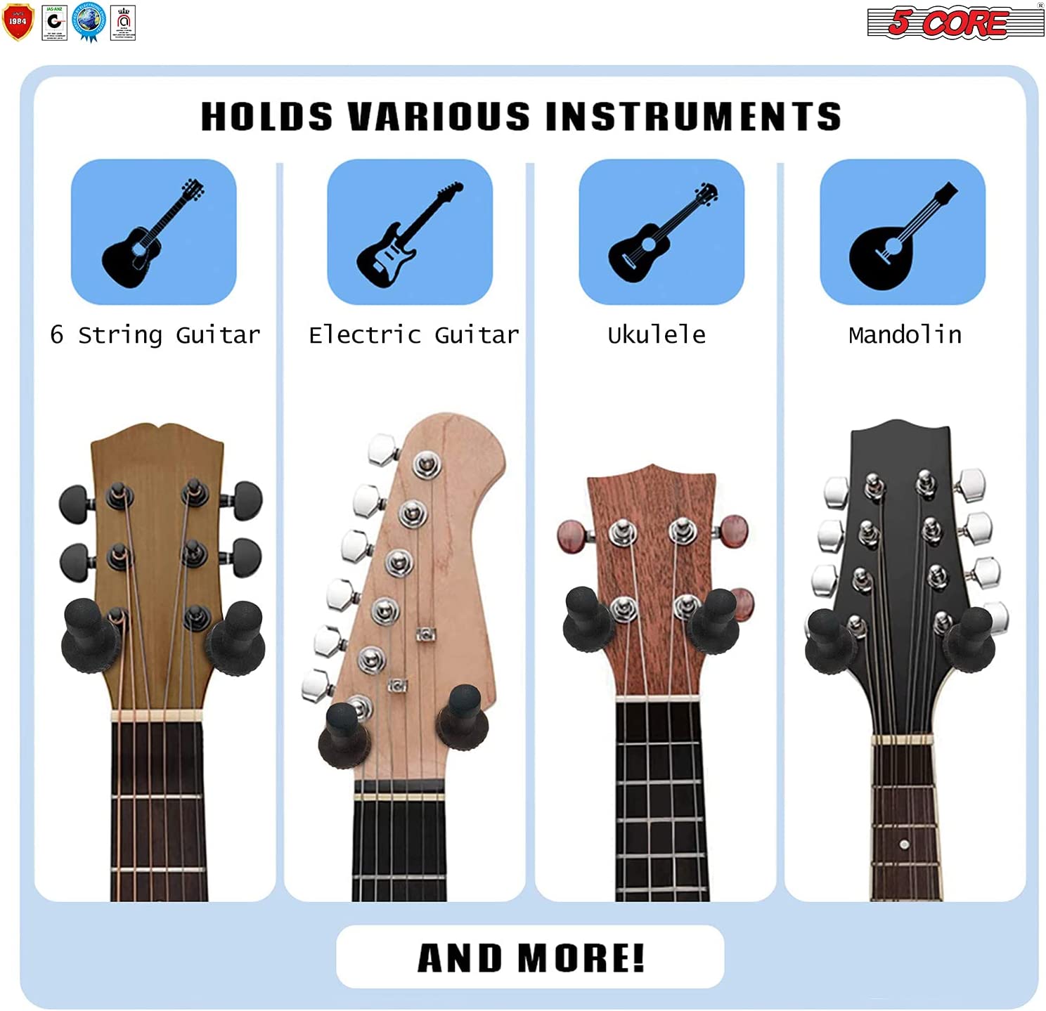 A set of 8 guitar hangers designed for wall mounting, featuring a sturdy wooden base and soft protective arms to hold various string instruments securely.