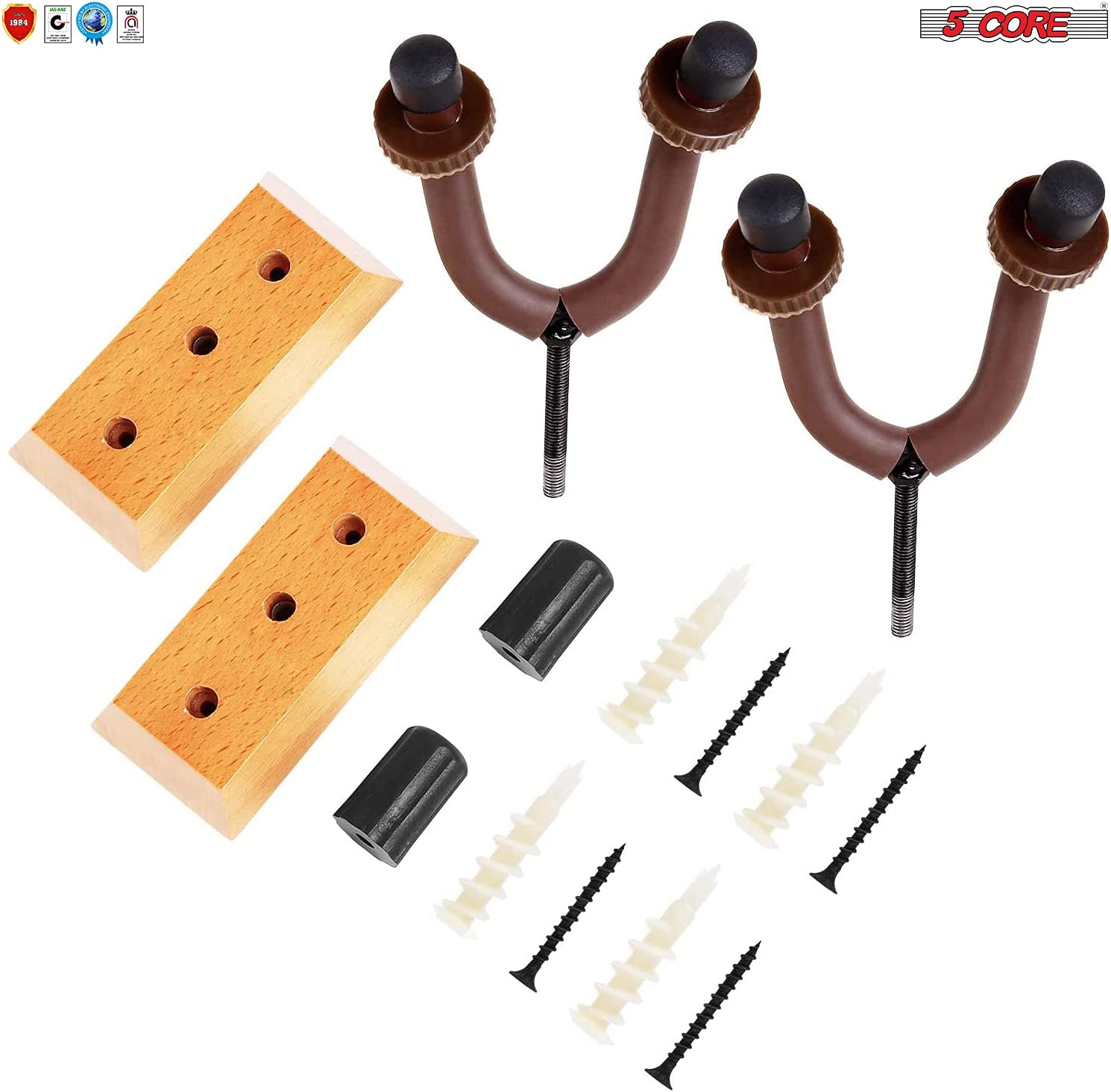 A set of 8 guitar hangers designed for wall mounting, featuring a sturdy wooden base and soft protective arms to hold various string instruments securely.