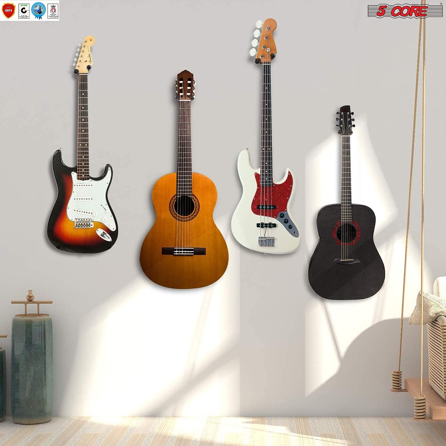 A set of 8 guitar hangers designed for wall mounting, featuring a sturdy wooden base and soft protective arms to hold various string instruments securely.