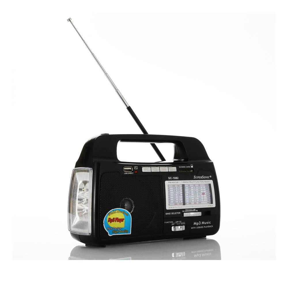 9 Band AM/FM/SW1-7 Portable Radio with built-in torch light, USB input, and SD card slot, showcasing its compact design and features.