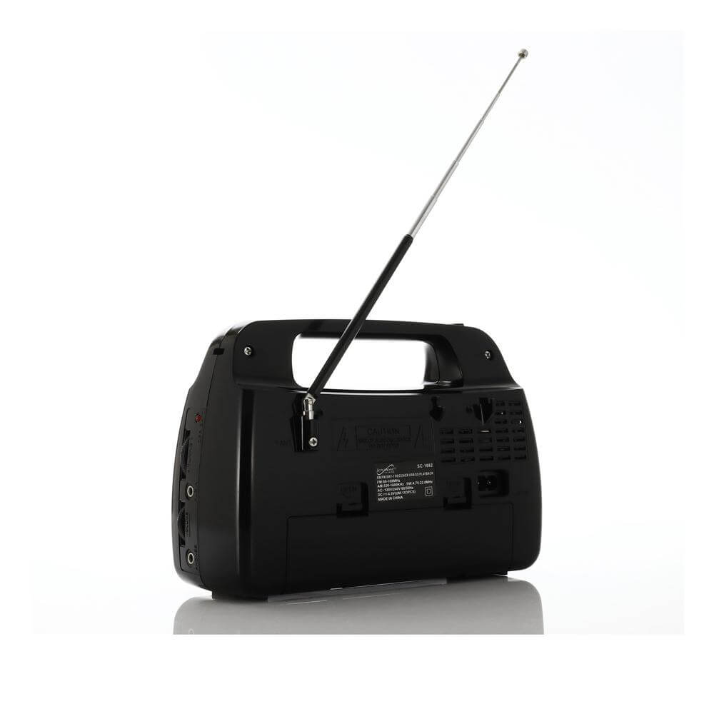 9 Band AM/FM/SW1-7 Portable Radio with built-in torch light, USB input, and SD card slot, showcasing its compact design and features.