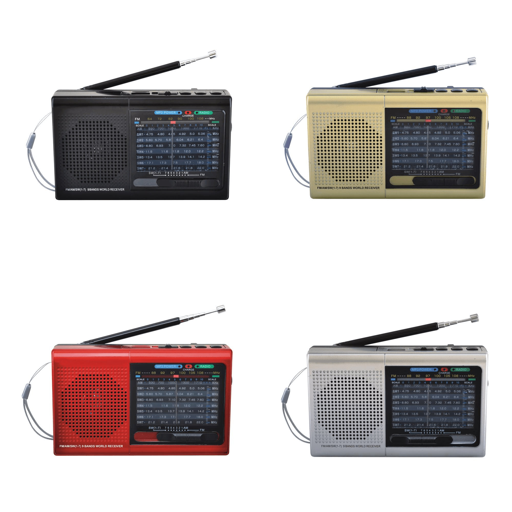 9 Band Radio with Bluetooth in black, showcasing its compact design and multiple features including USB and Micro SD slots.